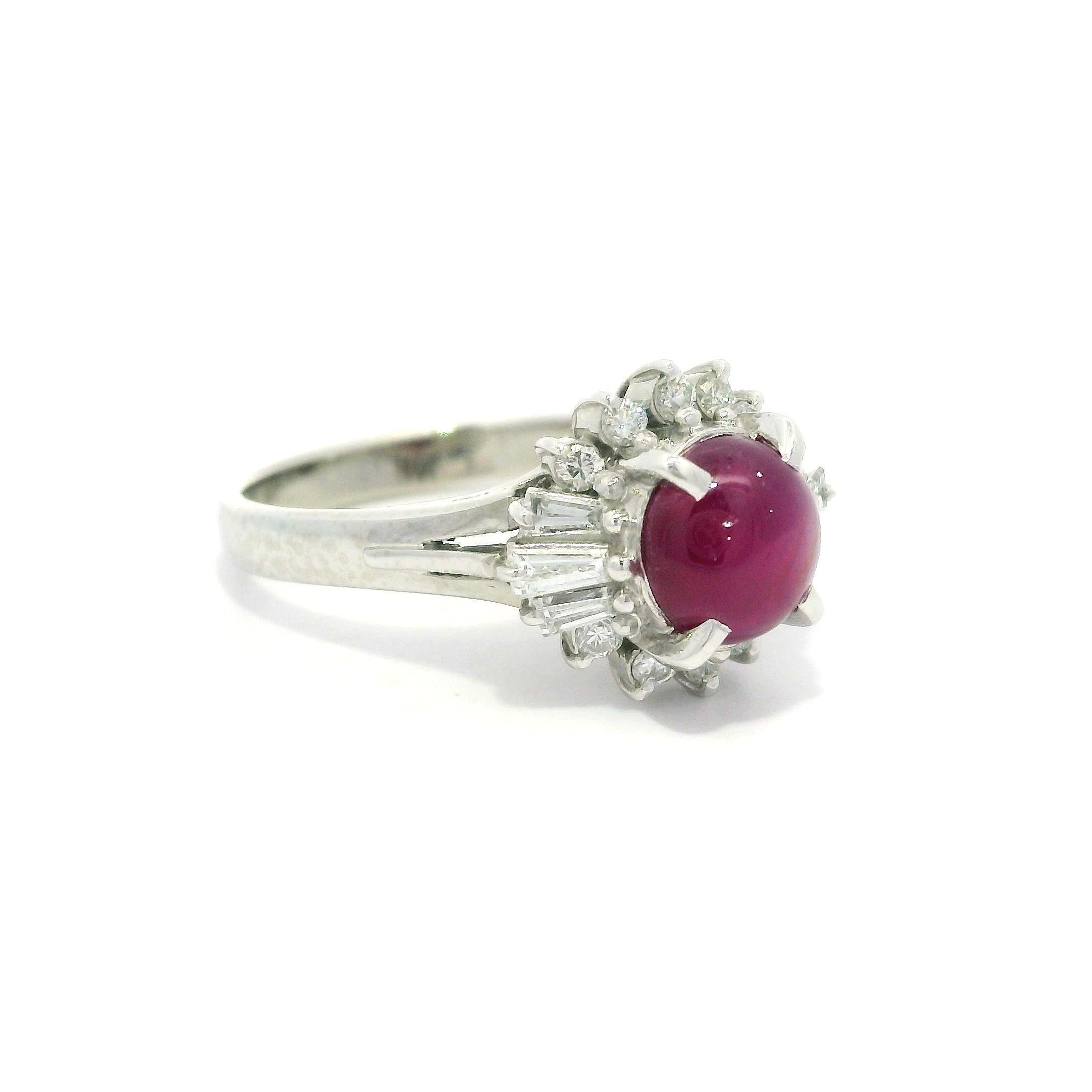 Vintage Platinum GIA 2.89ctw Cabochon Star Ruby & Diamond Halo Cocktail Ring For Sale 9