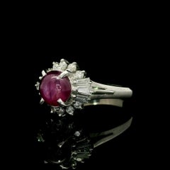 Vintage Platinum GIA 2.89ctw Cabochon Star Ruby & Diamond Halo Cocktail Ring