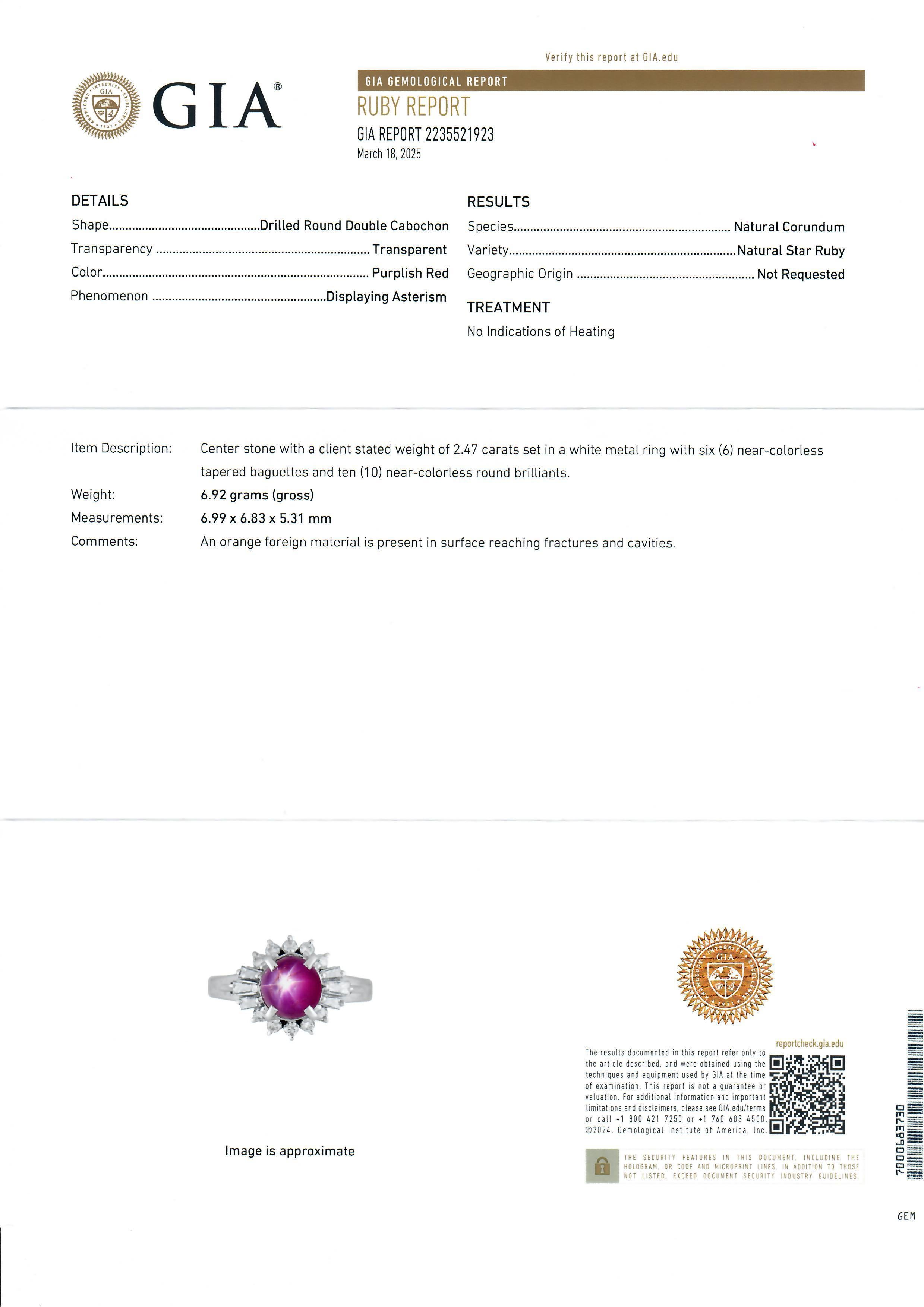 Vintage Platinum GIA 2.89ctw Cabochon Star Ruby & Diamond Halo Cocktail Ring In Good Condition For Sale In Montclair, NJ