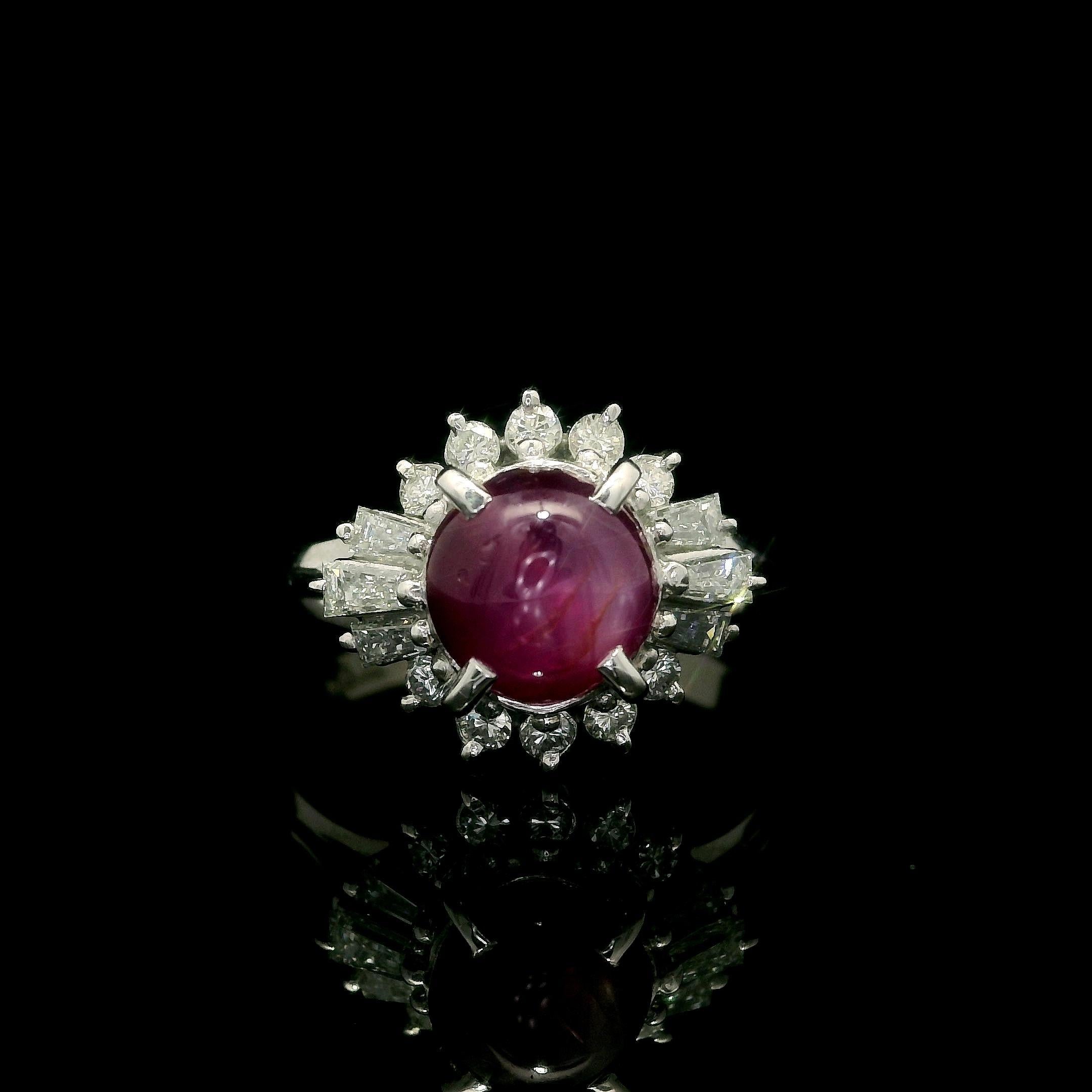 Vintage Platinum GIA 2.89ctw Cabochon Star Ruby & Diamond Halo Cocktail Ring For Sale 1
