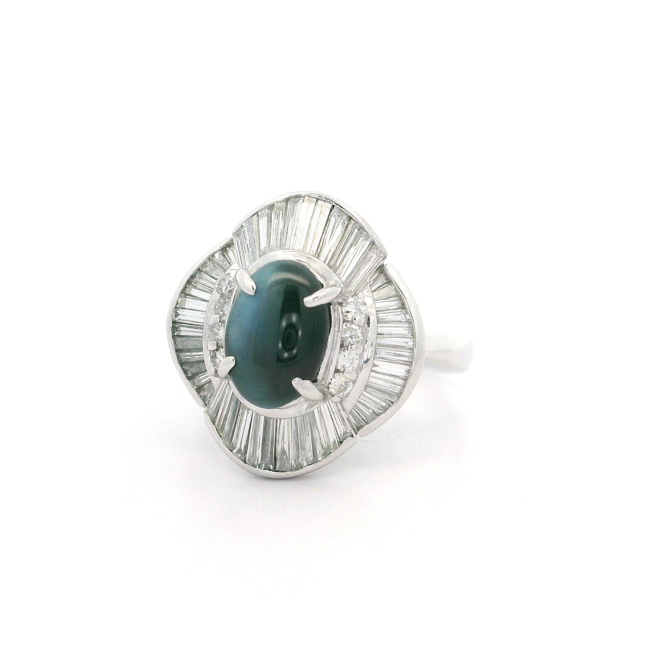 Vintage Platinum GIA 2.92ctw Cats Eye Alexandrite Diamond Wavy Ballerina Ring 7
