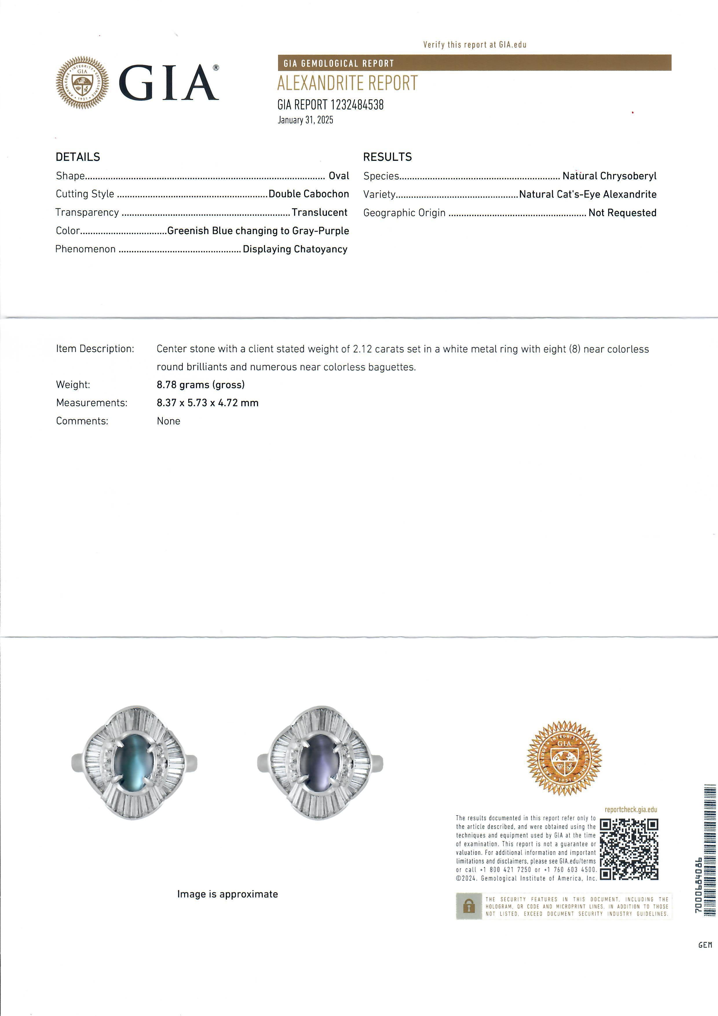 --Stone(s):--
(1) Natural Genuine Cat's Eye Alexandrite - Oval Double Cabochon Cut - Prong Set - Greenish Blue Changing to Gray Purple Color - 2.12ct (exact - stamped)
** See Certification Details Below for Complete Info **
Numerous Natural Genuine