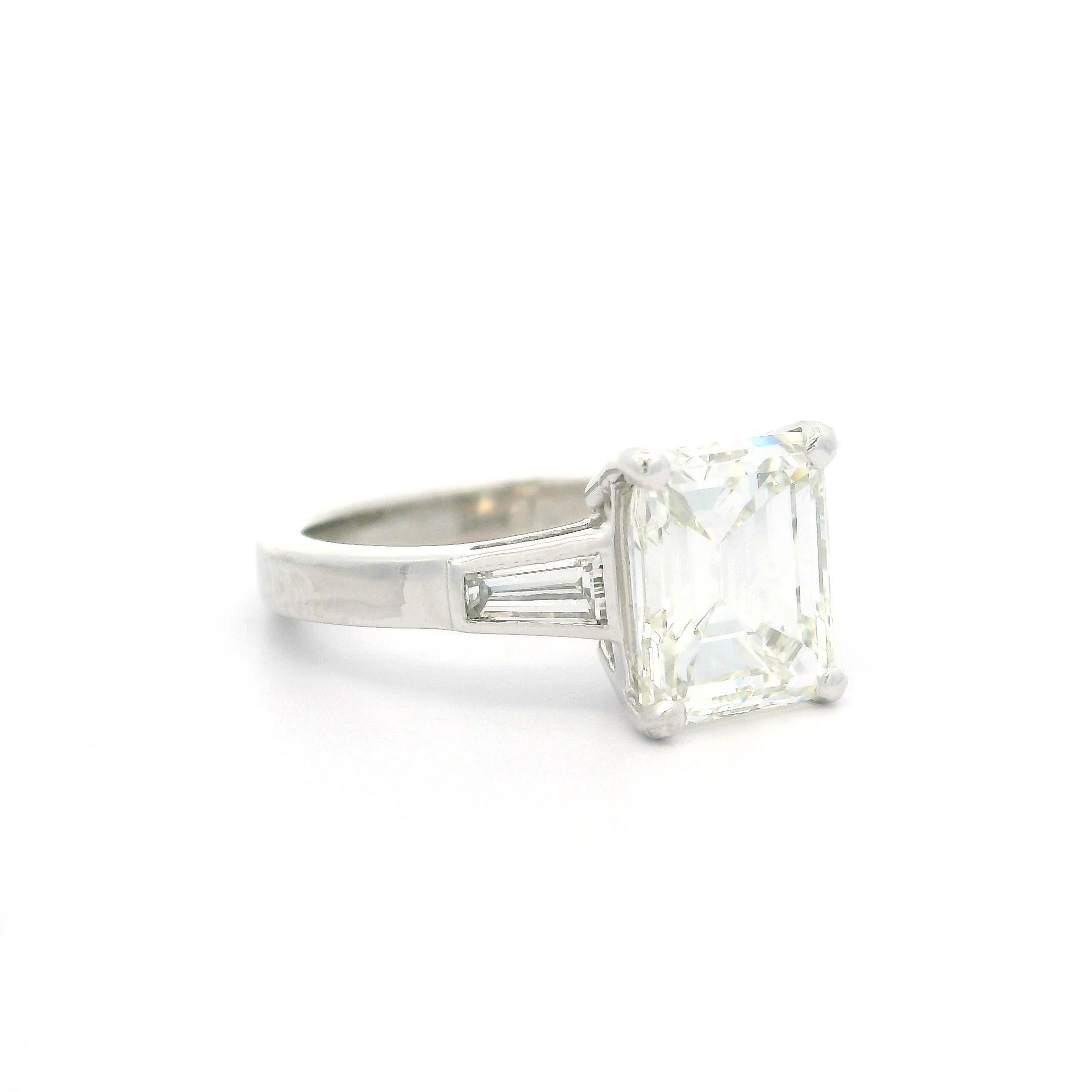 Vintage Platinum GIA 2.93ctw Old Emerald Cut & Baguette Diamond Engagement Ring For Sale 6