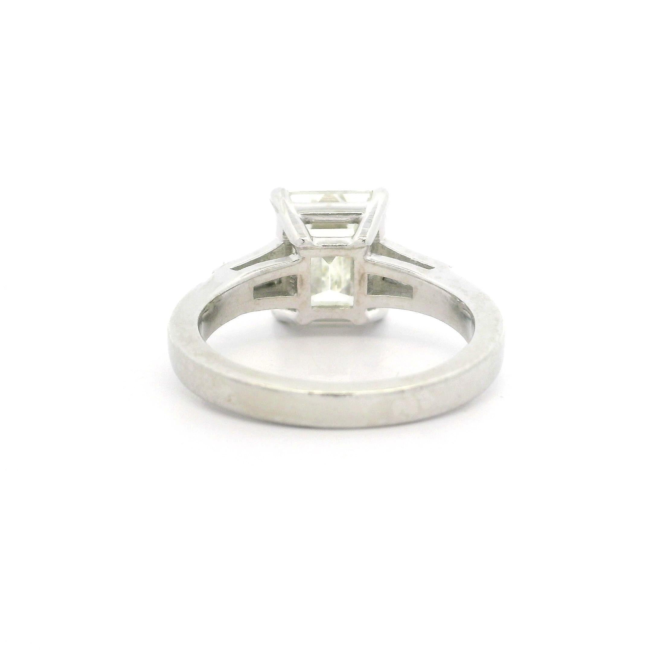 Vintage Platinum GIA 2.93ctw Old Emerald Cut & Baguette Diamond Engagement Ring For Sale 8
