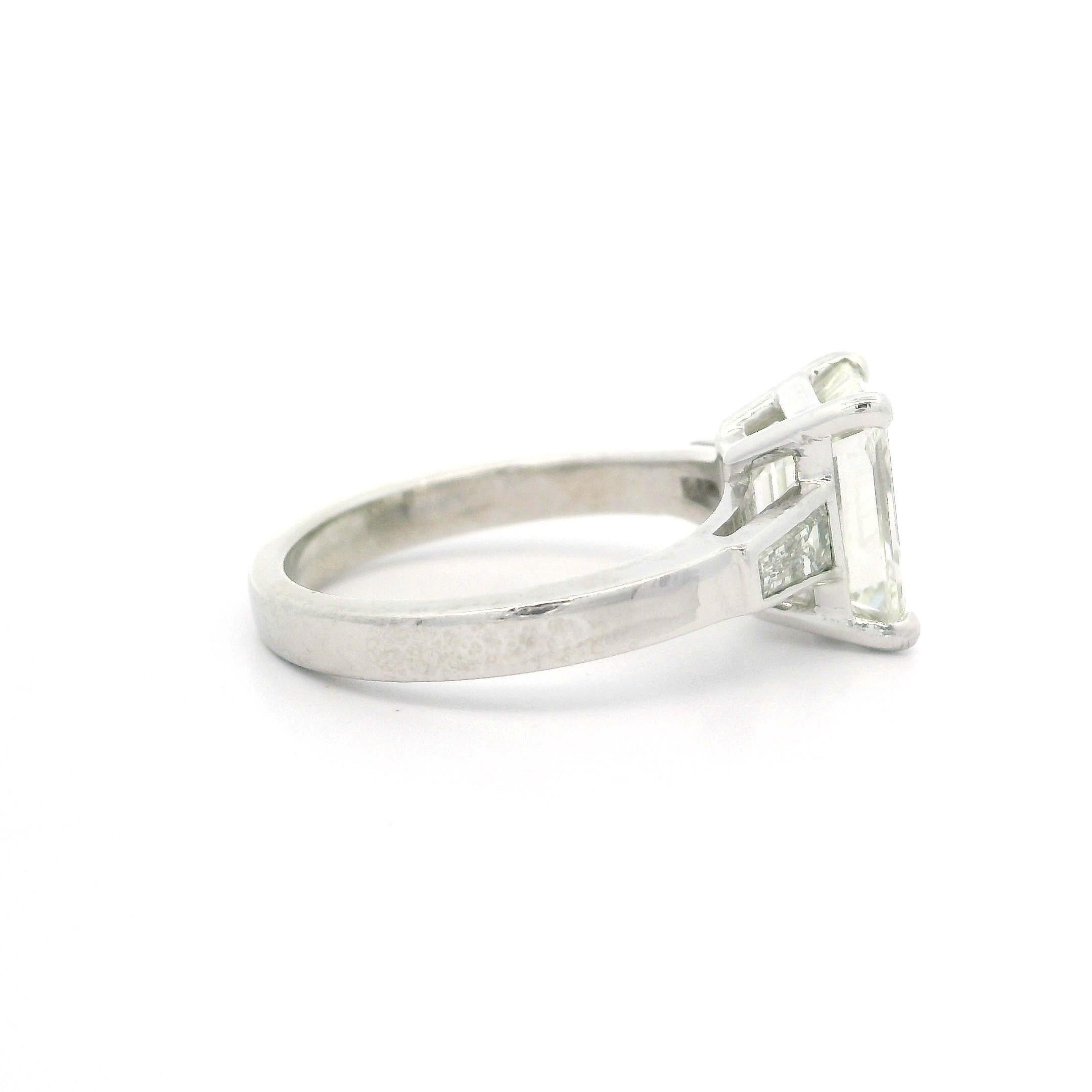 Vintage Platinum GIA 2.93ctw Old Emerald Cut & Baguette Diamond Engagement Ring For Sale 9