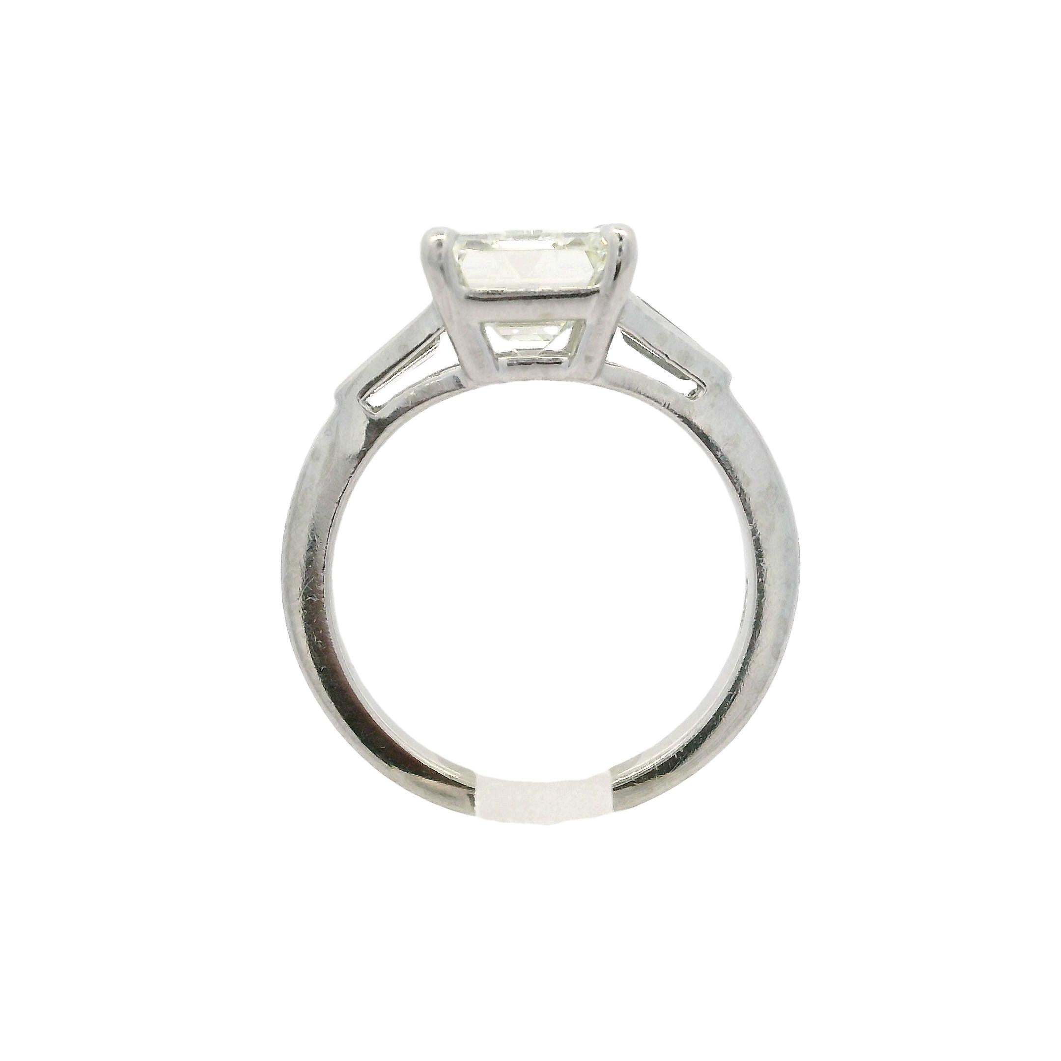 Vintage Platinum GIA 2.93ctw Old Emerald Cut & Baguette Diamond Engagement Ring For Sale 11