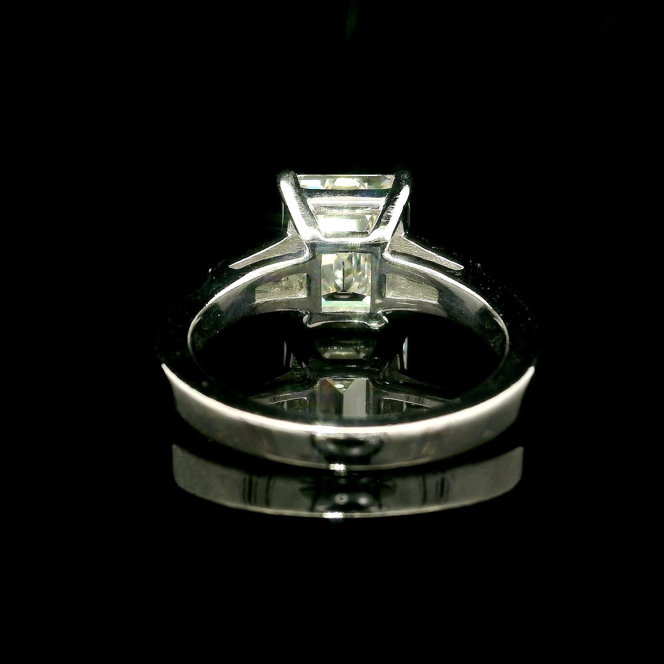 Vintage Platinum GIA 2.93ctw Old Emerald Cut & Baguette Diamond Engagement Ring For Sale 3