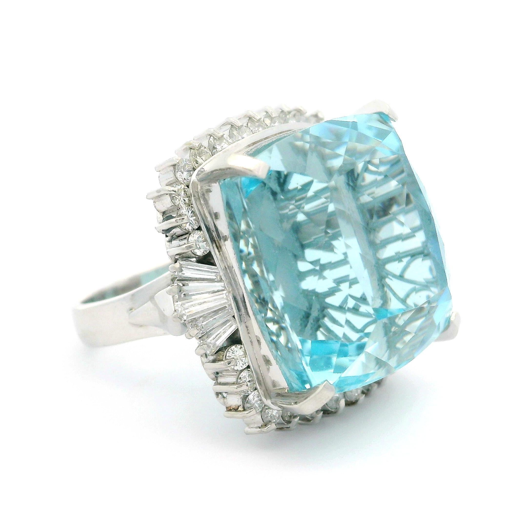 Vintage Platinum GIA 32.24ctw Cushion Aquamarine & Diamond Large Cocktail Ring For Sale 5