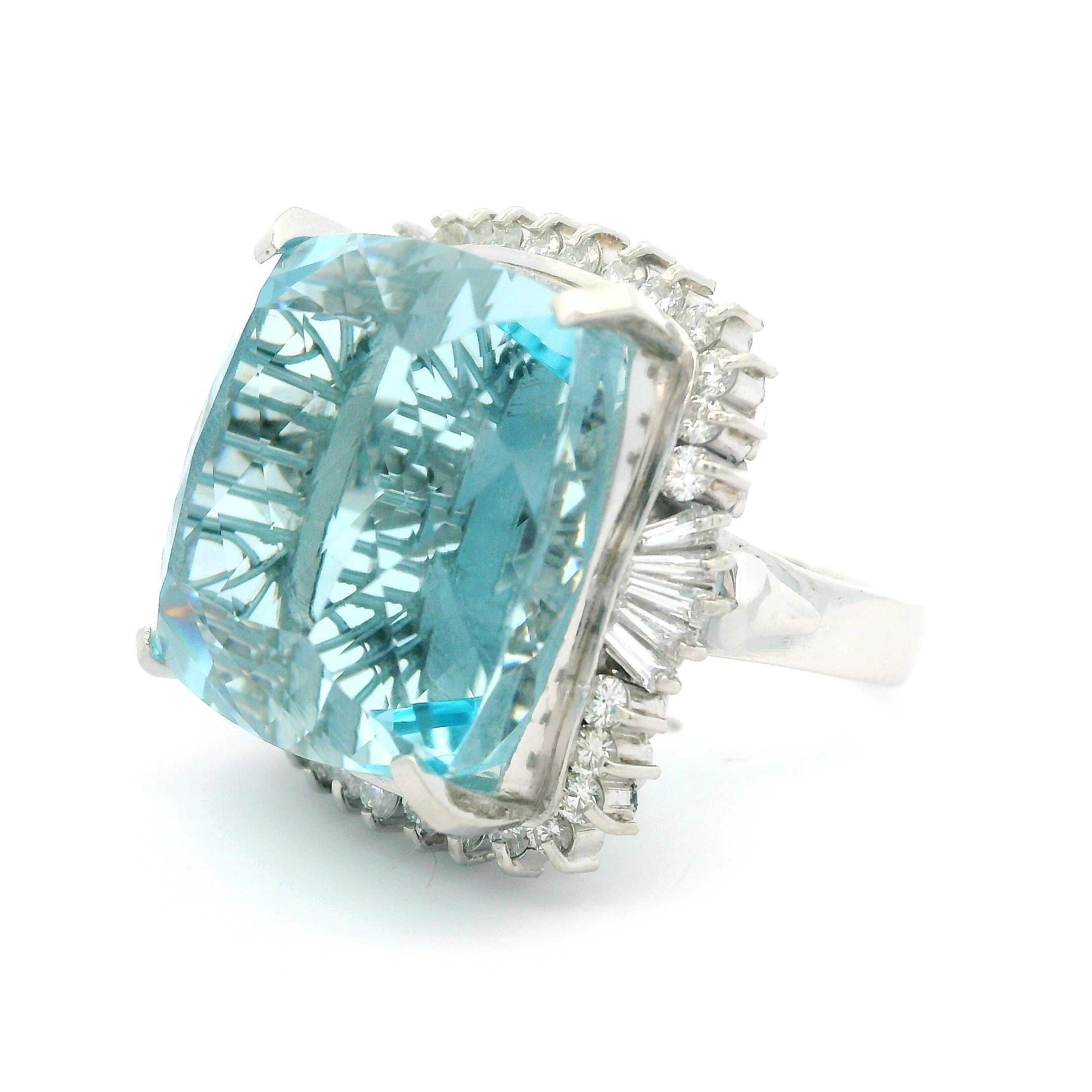 Vintage Platinum GIA 32.24ctw Cushion Aquamarine & Diamond Large Cocktail Ring For Sale 6