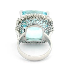 Vintage Platinum GIA 32.24ctw Cushion Aquamarine & Diamond Large Cocktail Ring