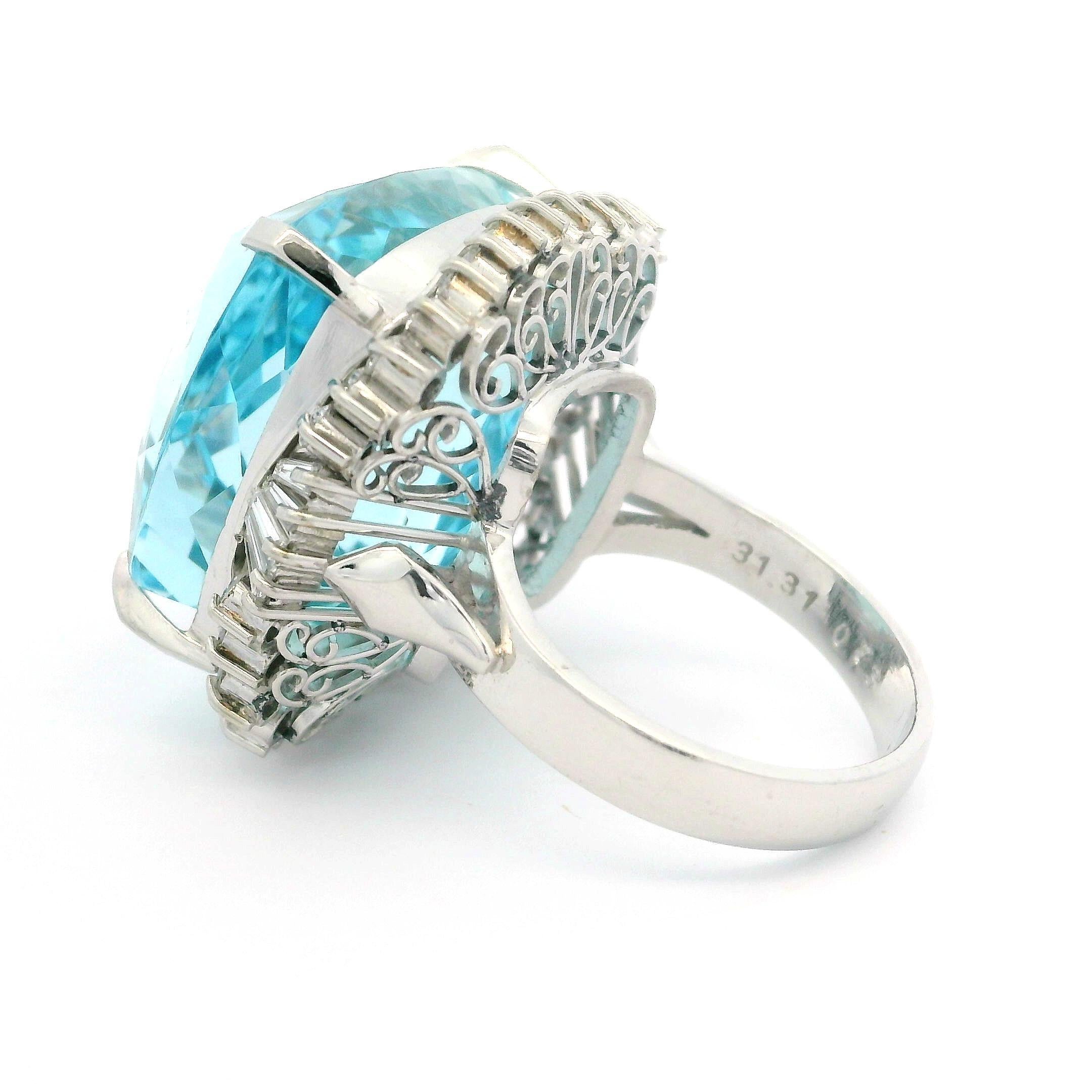 Cushion Cut Vintage Platinum GIA 32.24ctw Cushion Aquamarine & Diamond Large Cocktail Ring For Sale