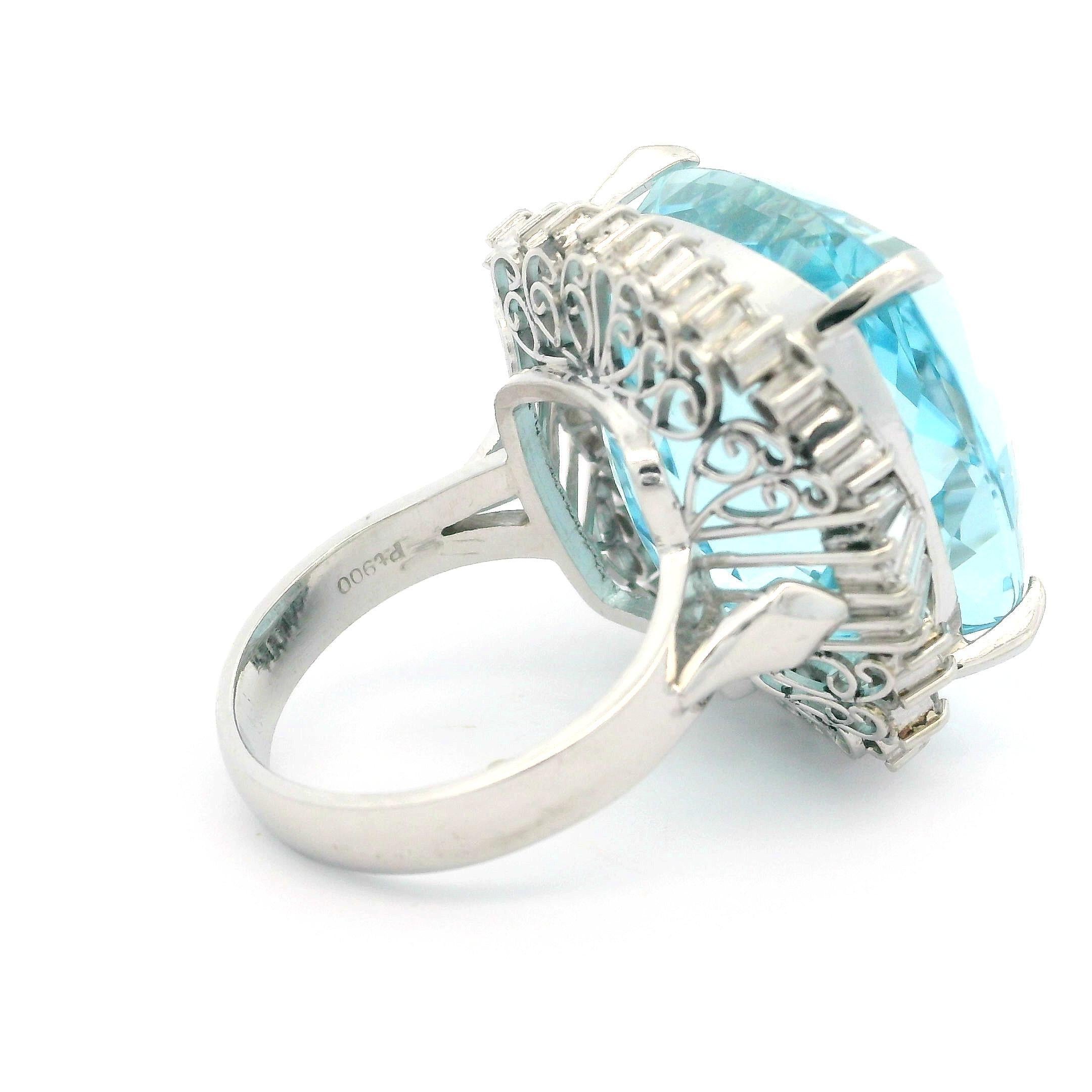 Vintage Platinum GIA 32.24ctw Cushion Aquamarine & Diamond Large Cocktail Ring In Excellent Condition For Sale In Montclair, NJ