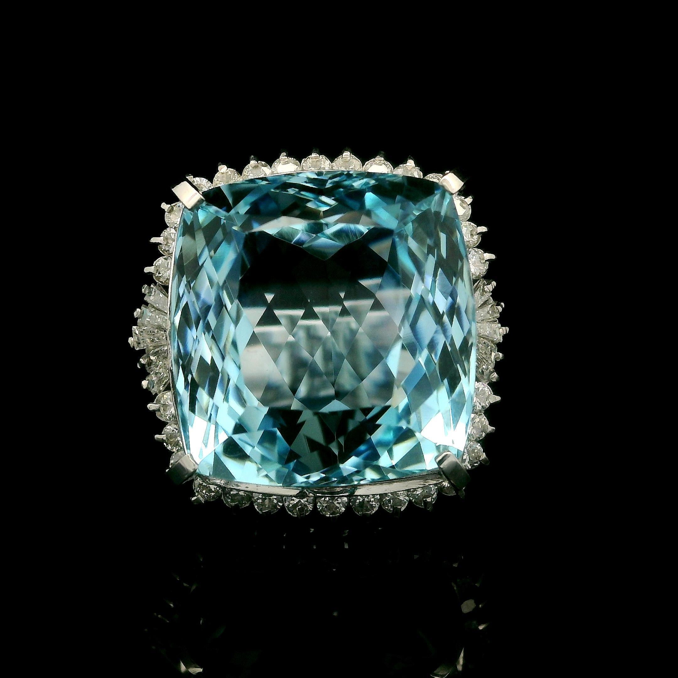 Women's Vintage Platinum GIA 32.24ctw Cushion Aquamarine & Diamond Large Cocktail Ring For Sale