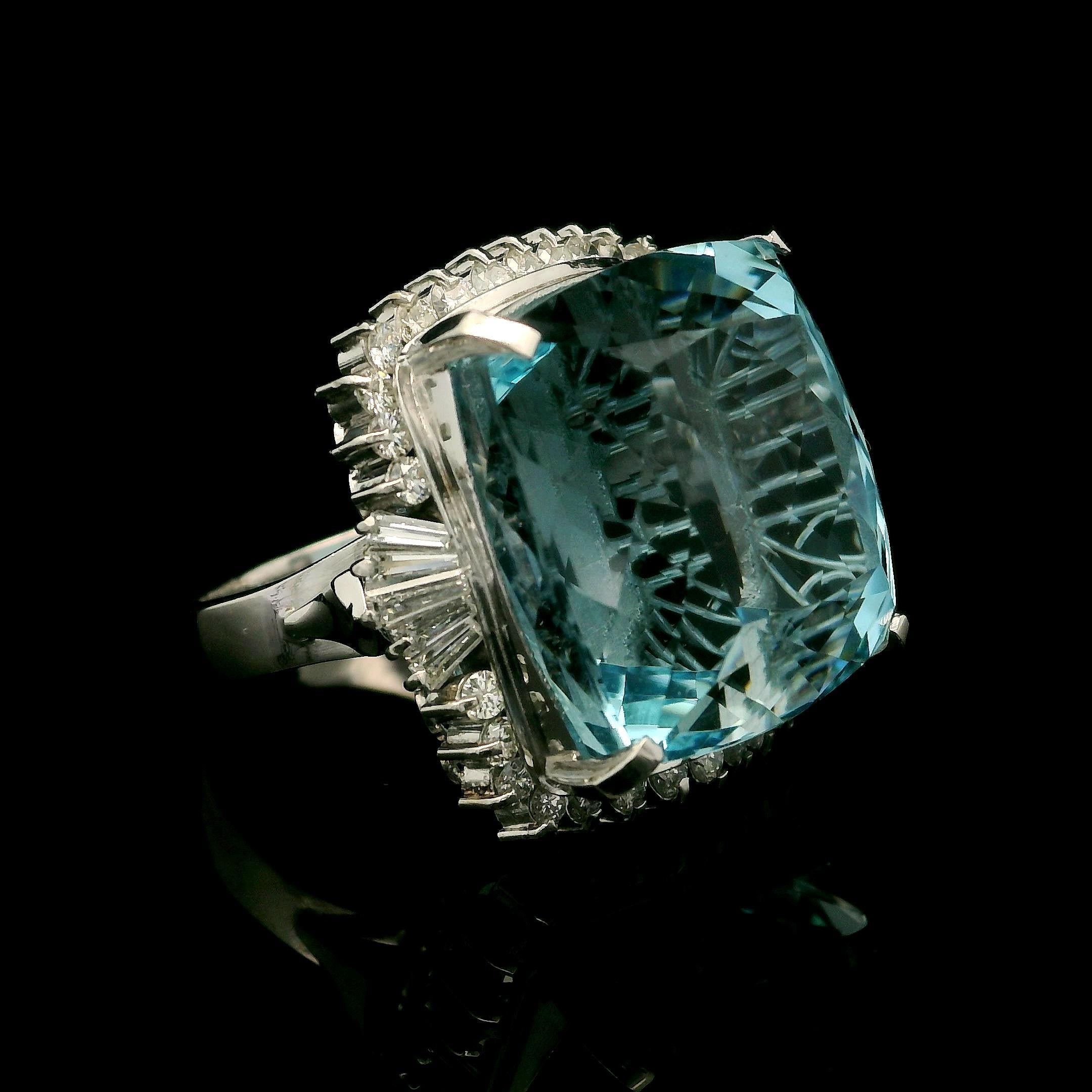 Vintage Platinum GIA 32.24ctw Cushion Aquamarine & Diamond Large Cocktail Ring For Sale 1