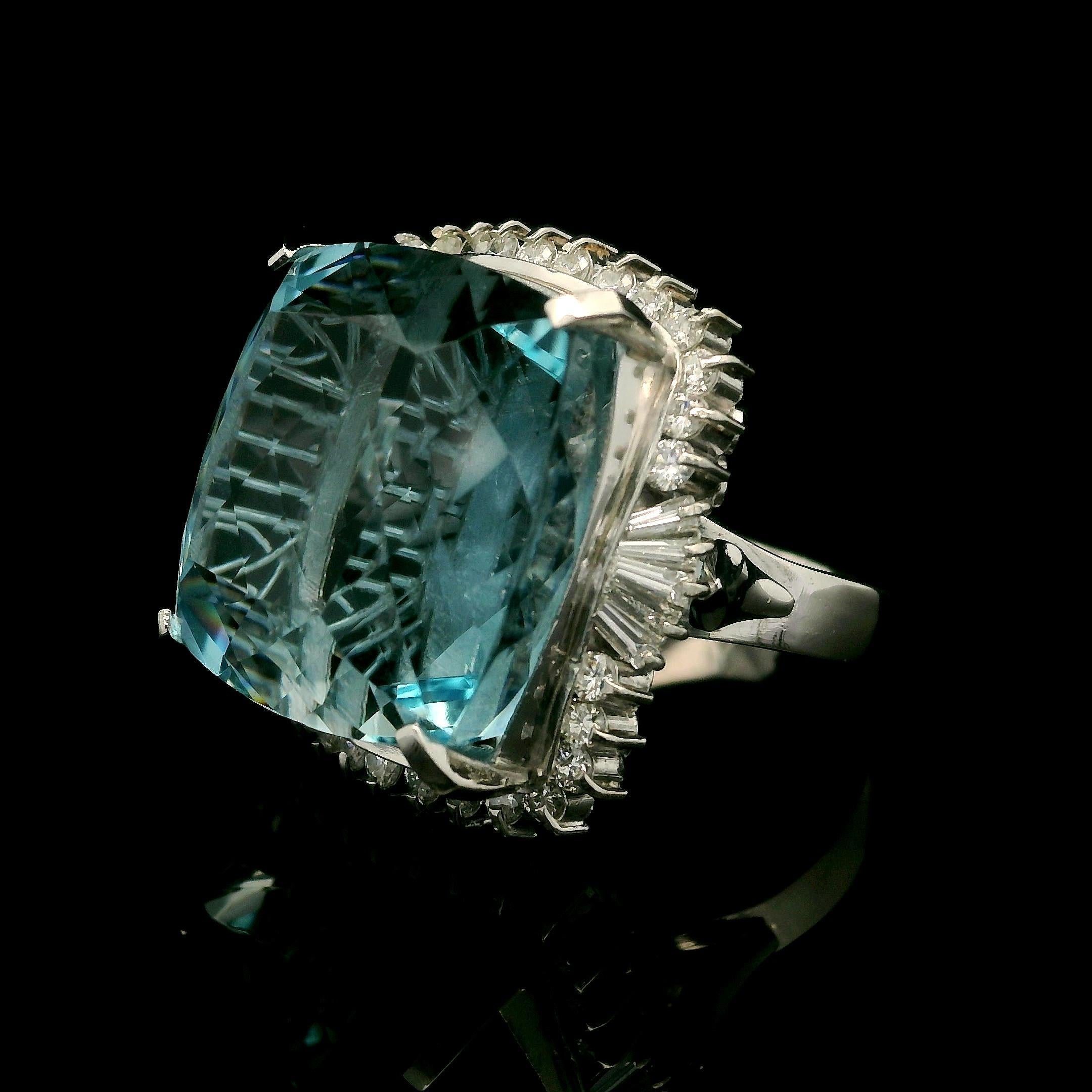 Vintage Platinum GIA 32.24ctw Cushion Aquamarine & Diamond Large Cocktail Ring For Sale 2