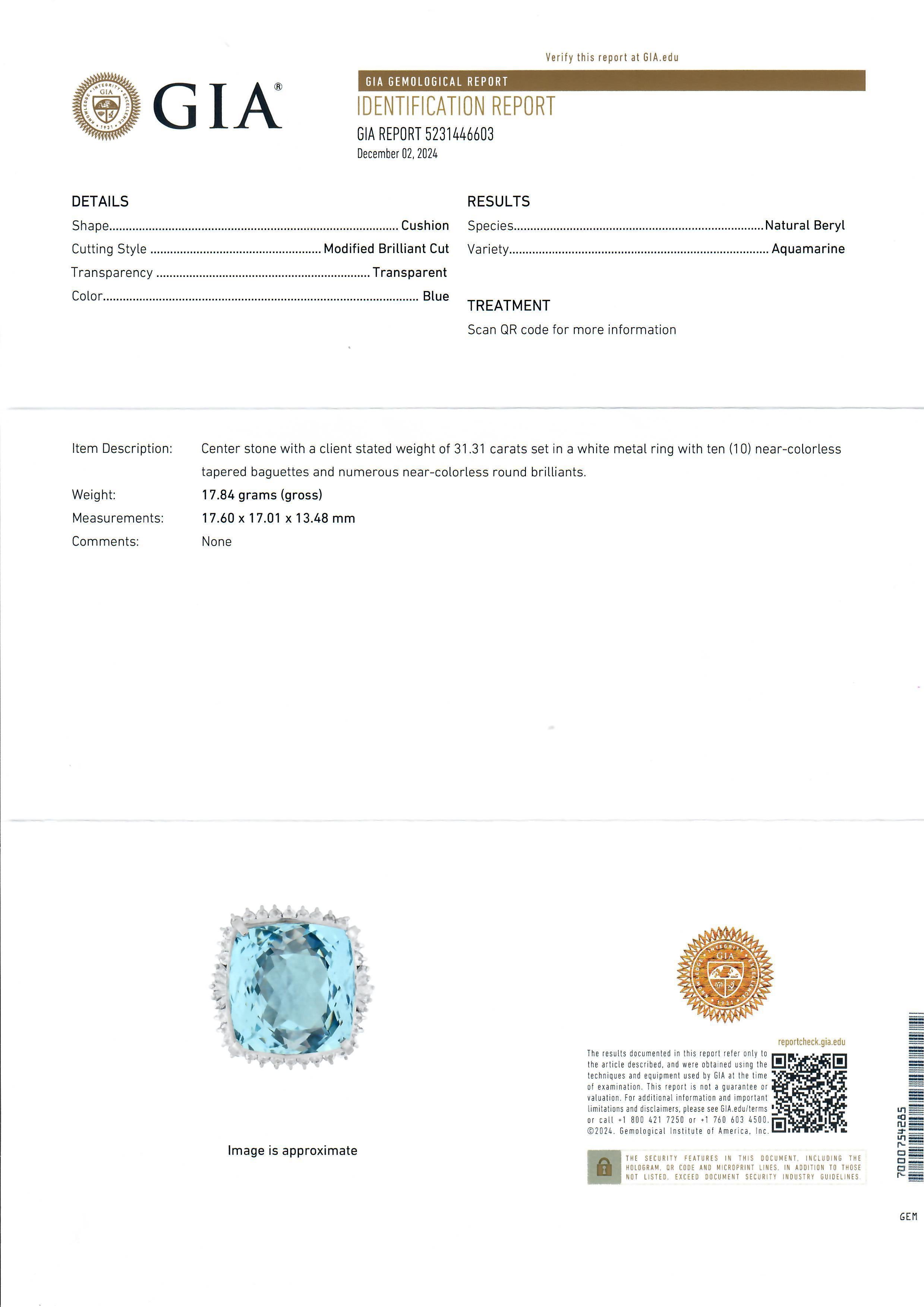 Vintage Platinum GIA 32.24ctw Cushion Aquamarine & Diamond Large Cocktail Ring For Sale 3