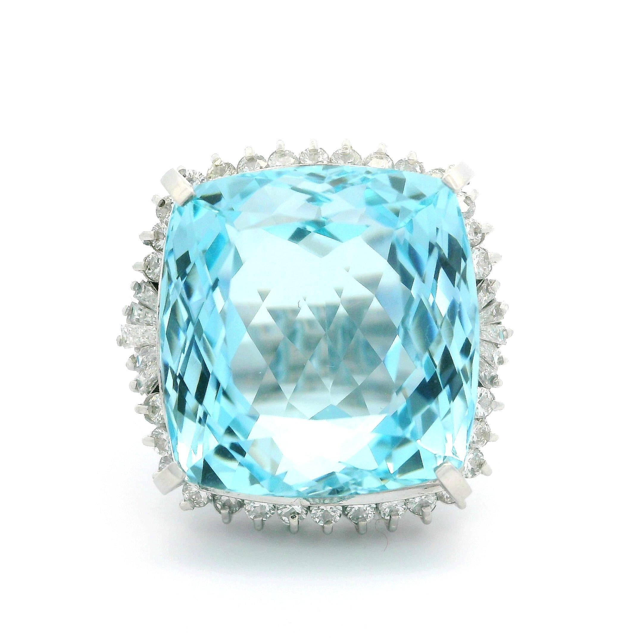 Vintage Platinum GIA 32.24ctw Cushion Aquamarine & Diamond Large Cocktail Ring For Sale 4