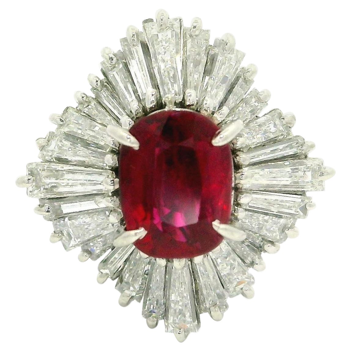 Vintage Platinum GIA 3.23ctw Cushion Ruby Baguette Diamond Ballerina Ring