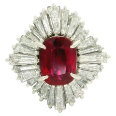 Vintage Platinum GIA 3.23ctw Cushion Ruby Baguette Diamond Ballerina Ring