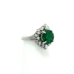Vintage Platinum GIA 3.25ctw Vivid Green Round Emerald & Diamond Ring