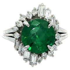 Vintage Platinum GIA 3.25ctw Vivid Green Round Emerald & Diamond Ring