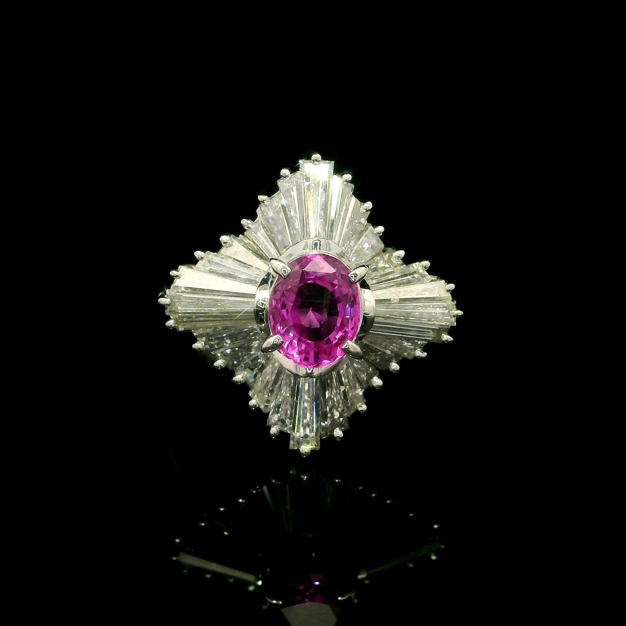 Vintage Platin GIA 3,37ctw keine Hitze Pink Sapphire Diamond Target Ballerina Ring im Angebot 10