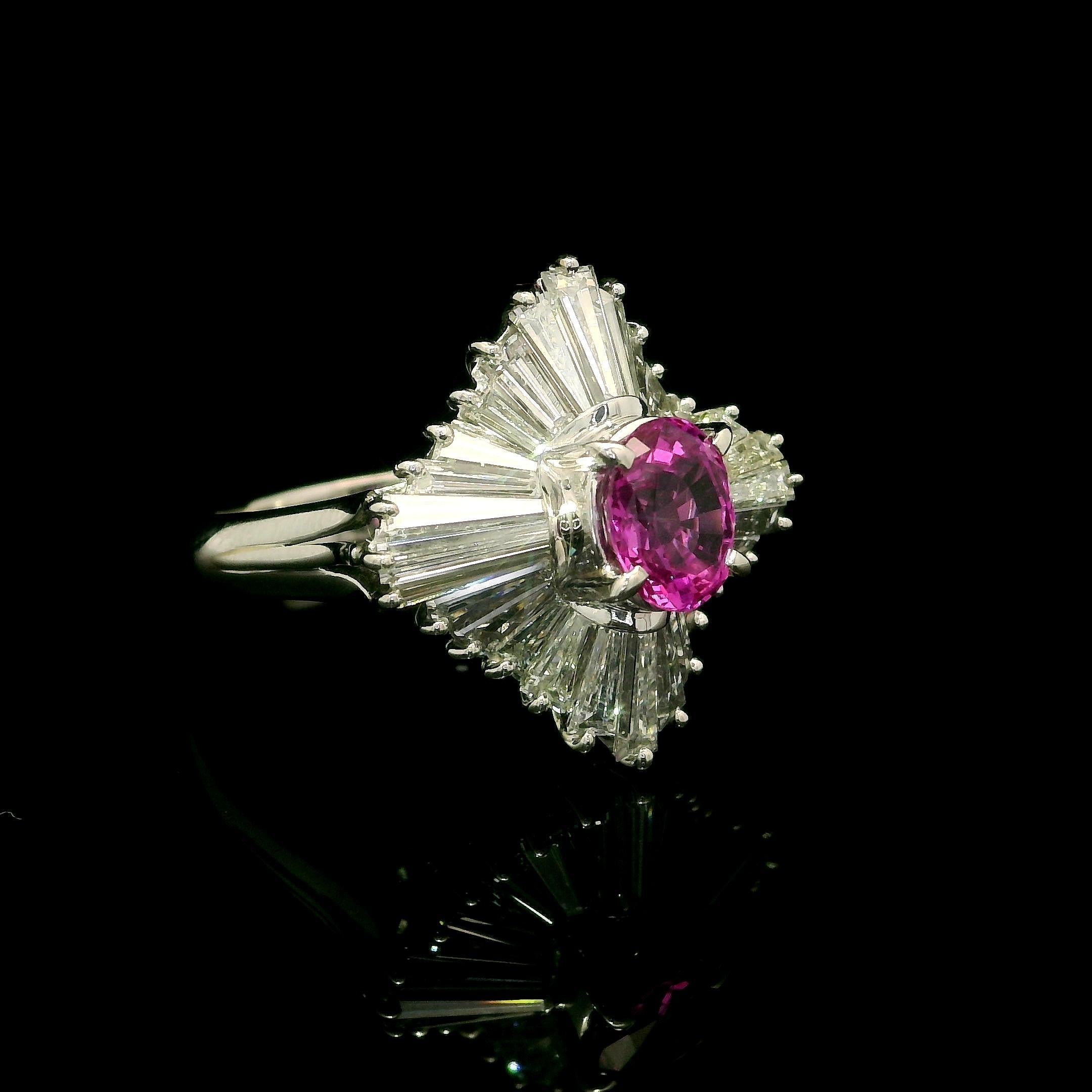 Anillo Bailarina Vintage Platino GIA 3,37ctw Sin Calor Zafiro Rosa Diamante Blanco en venta 11