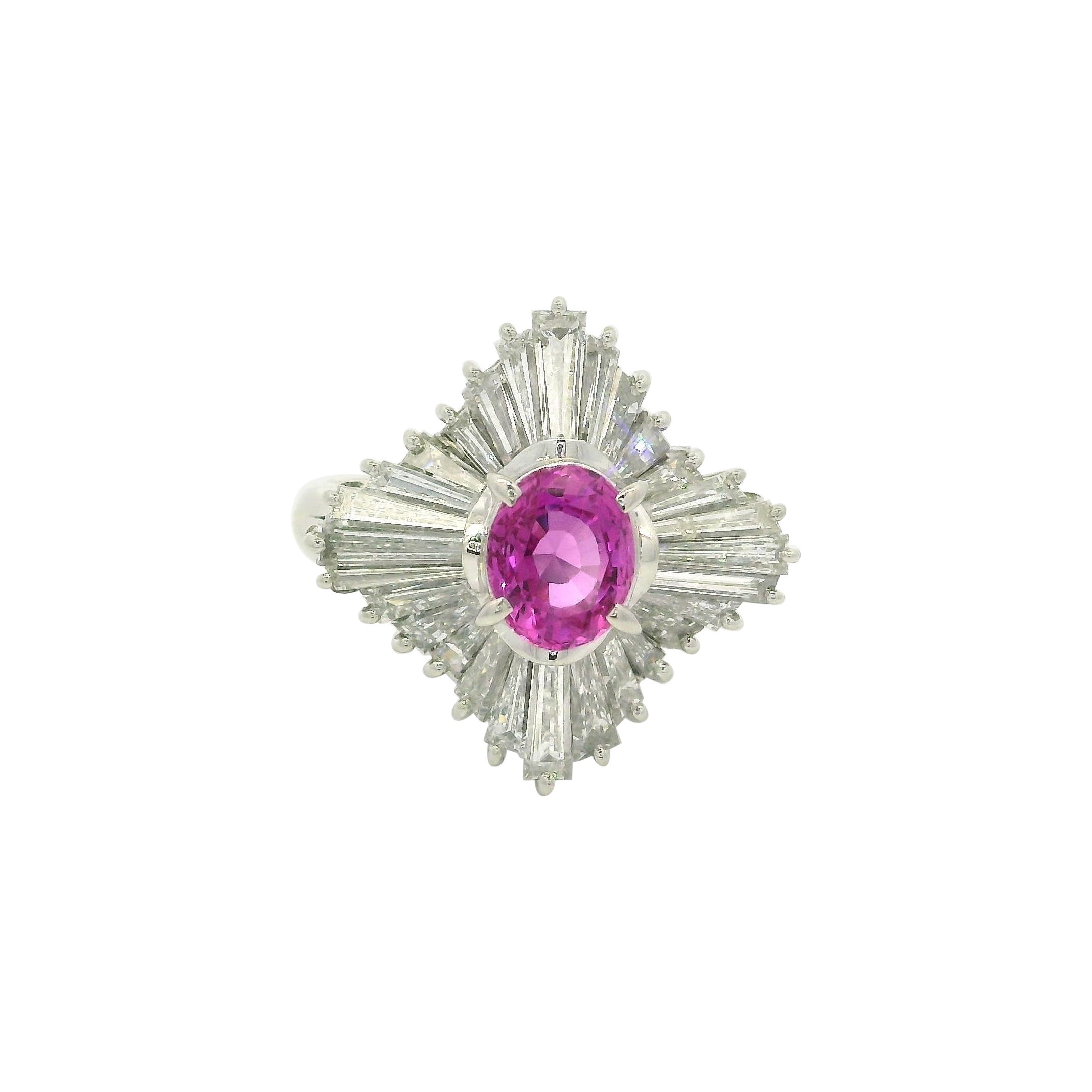 Vintage Platin GIA 3,37ctw keine Hitze Pink Sapphire Diamond Target Ballerina Ring