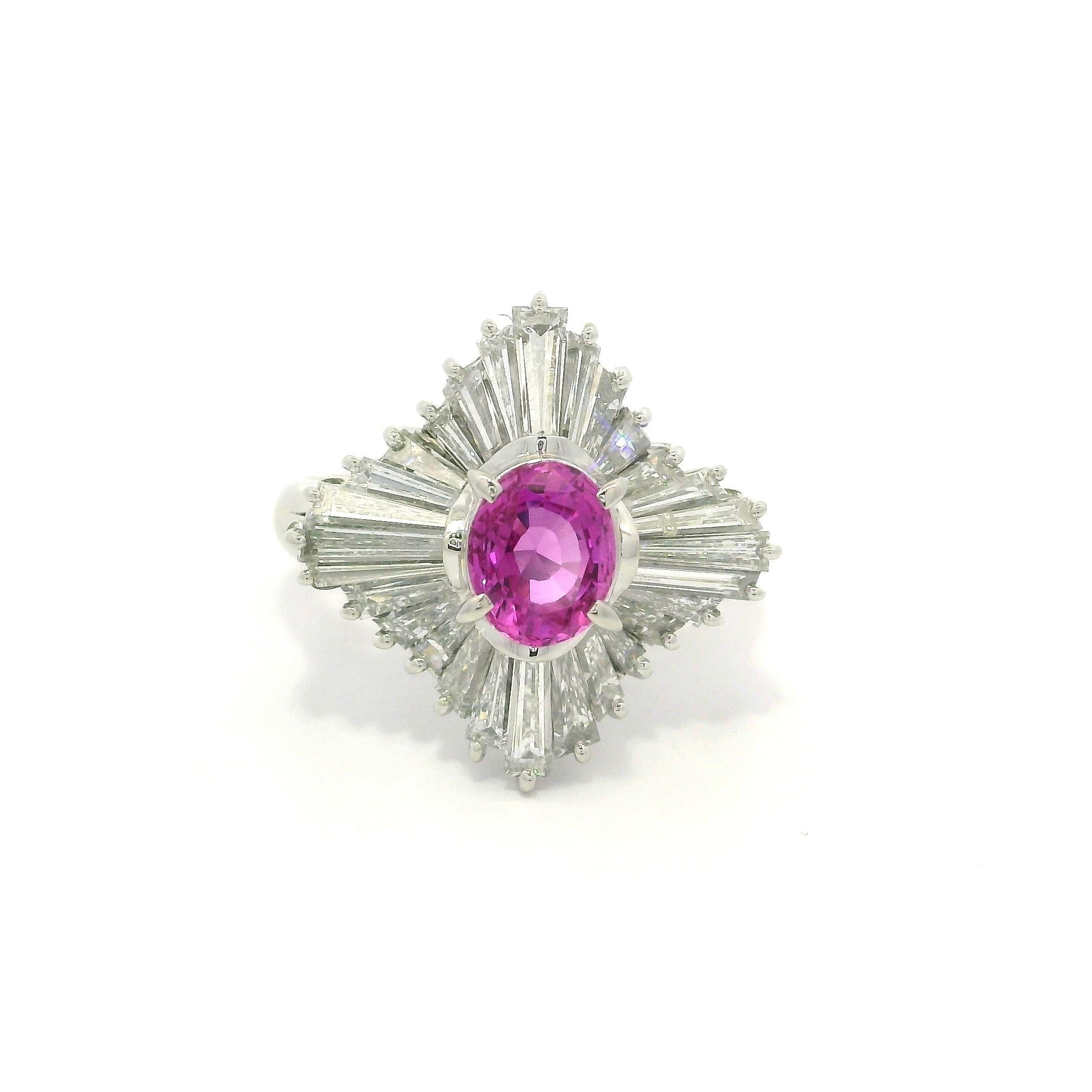 Anillo Bailarina Vintage Platino GIA 3,37ctw Sin Calor Zafiro Rosa Diamante Blanco