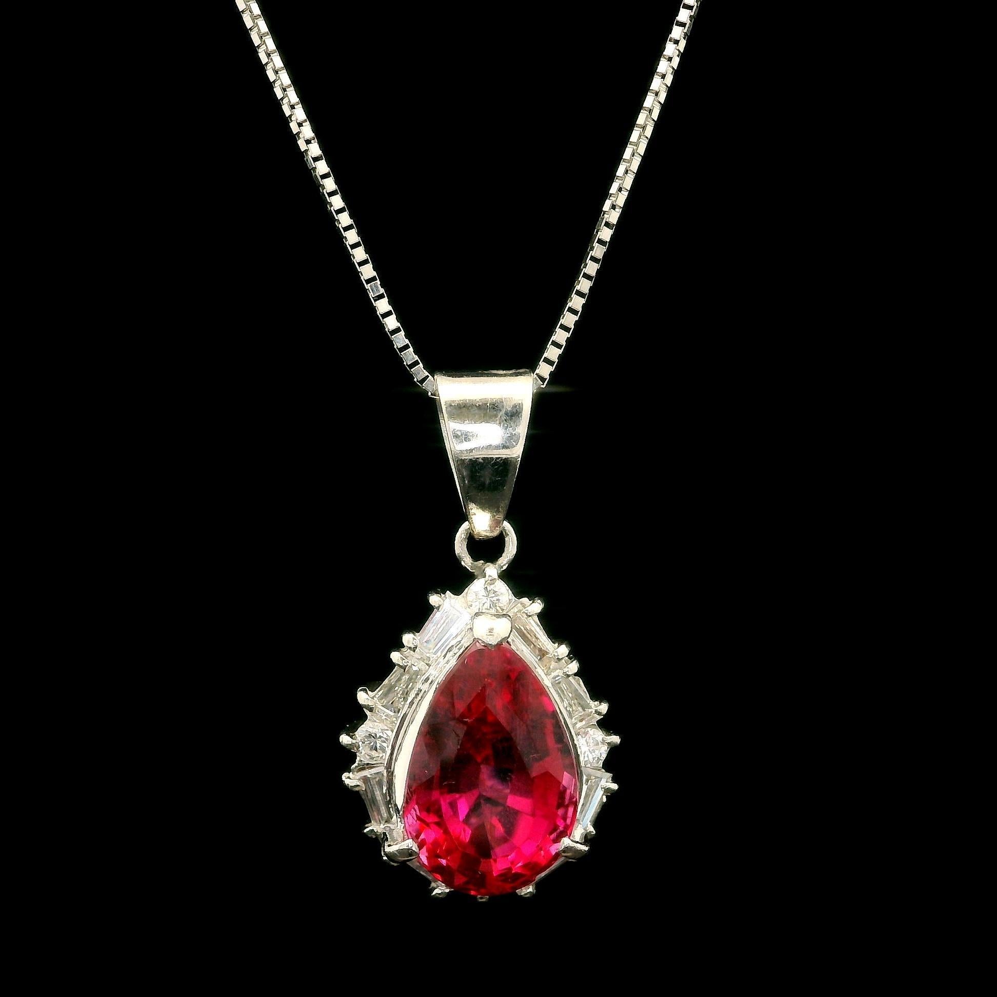 Vintage Platinum GIA 3.41ct Pear Rubellite Tourmaline & Diamond Pendant Necklace 5