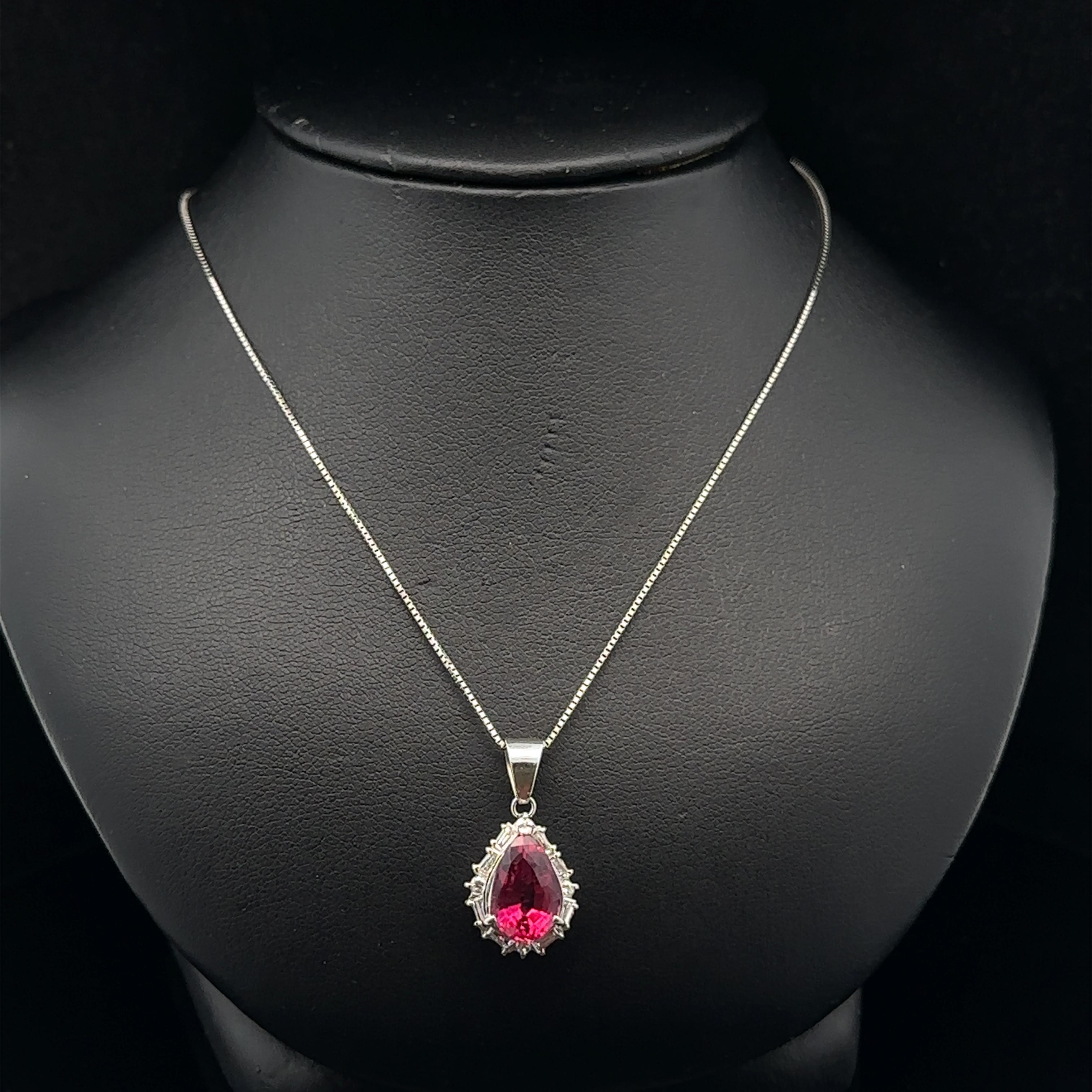 Vintage Platinum GIA 3.41ct Pear Rubellite Tourmaline & Diamond Pendant Necklace In Excellent Condition In Montclair, NJ