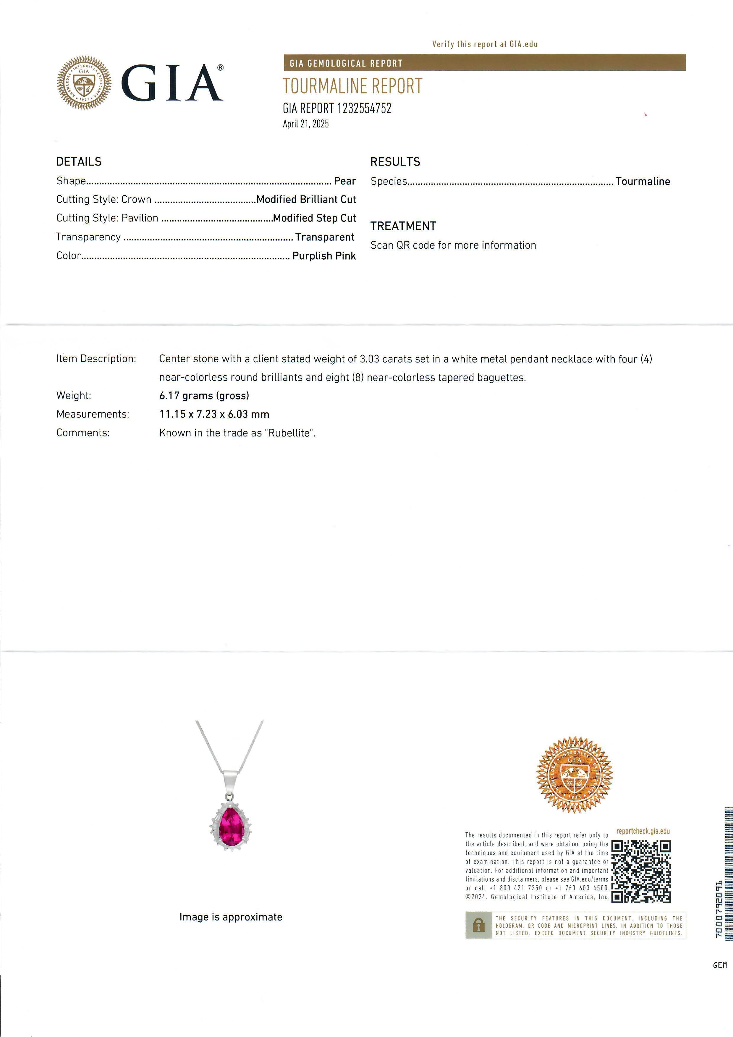 Women's Vintage Platinum GIA 3.41ct Pear Rubellite Tourmaline & Diamond Pendant Necklace