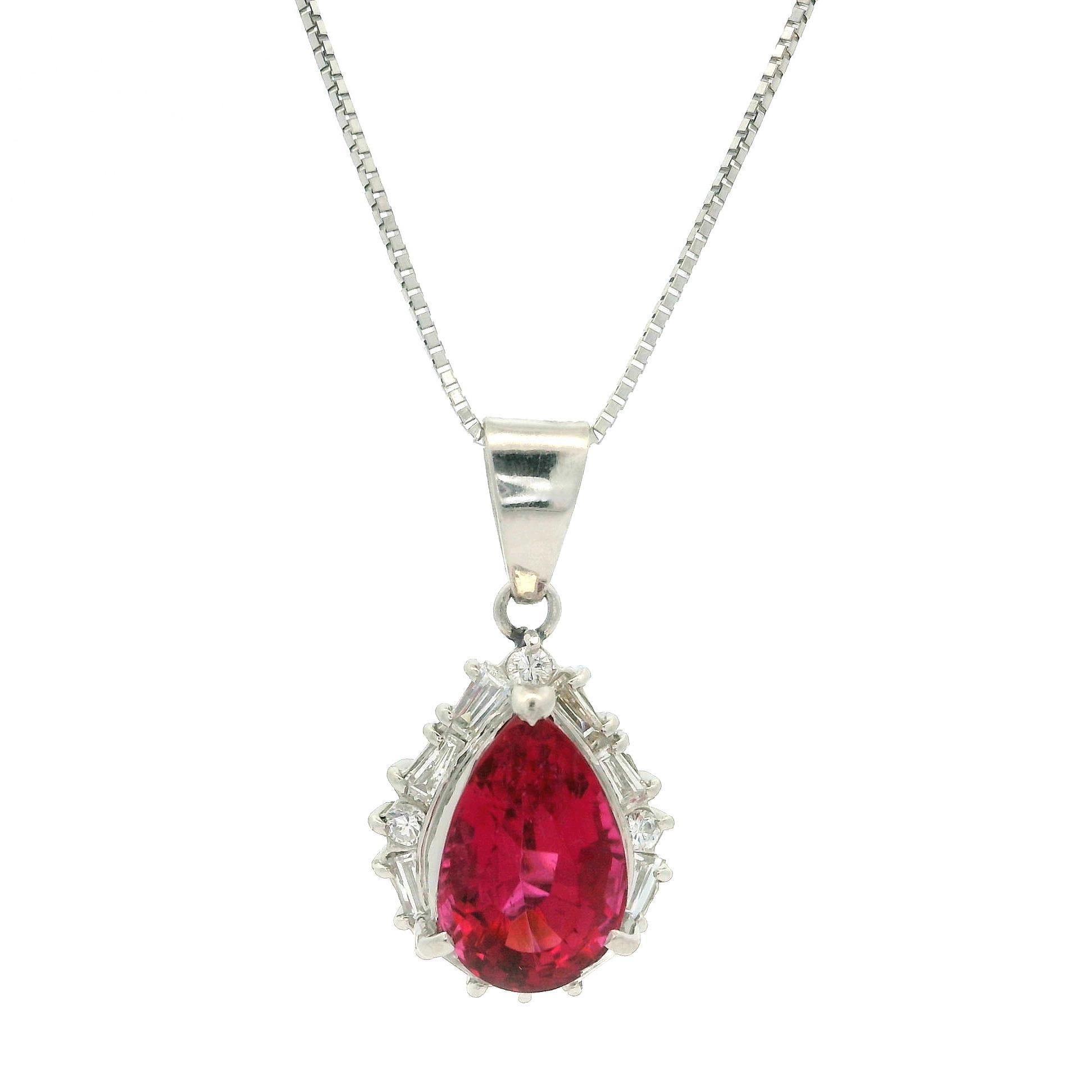 Vintage Platinum GIA 3.41ct Pear Rubellite Tourmaline & Diamond Pendant Necklace 1