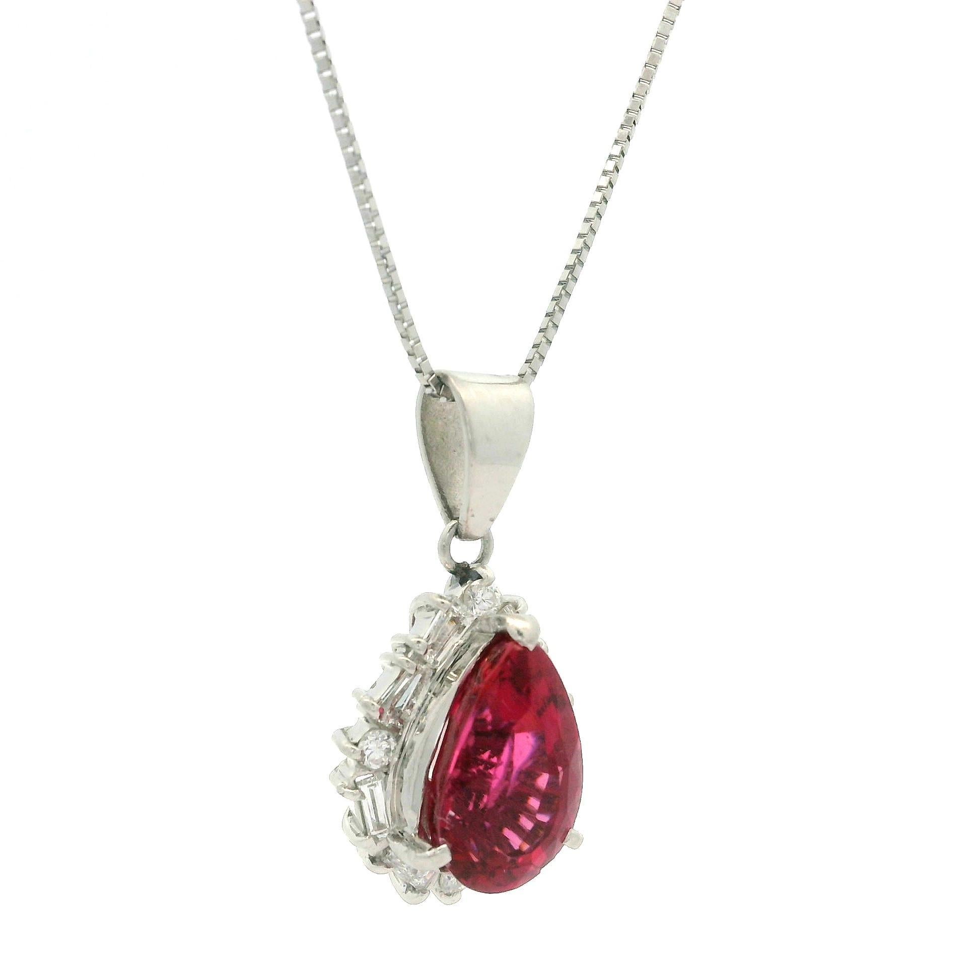 Vintage Platinum GIA 3.41ct Pear Rubellite Tourmaline & Diamond Pendant Necklace 2