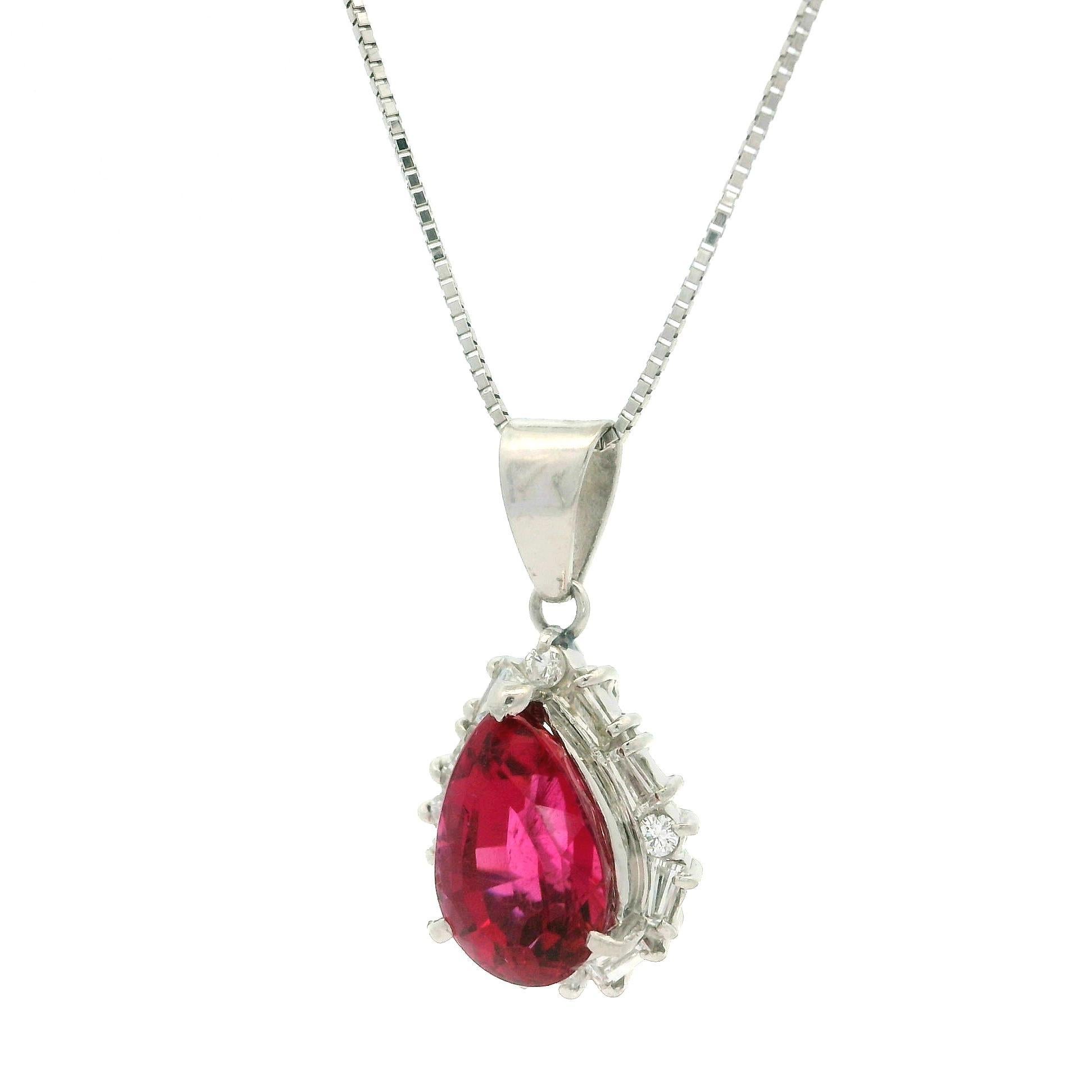 Vintage Platinum GIA 3.41ct Pear Rubellite Tourmaline & Diamond Pendant Necklace 3