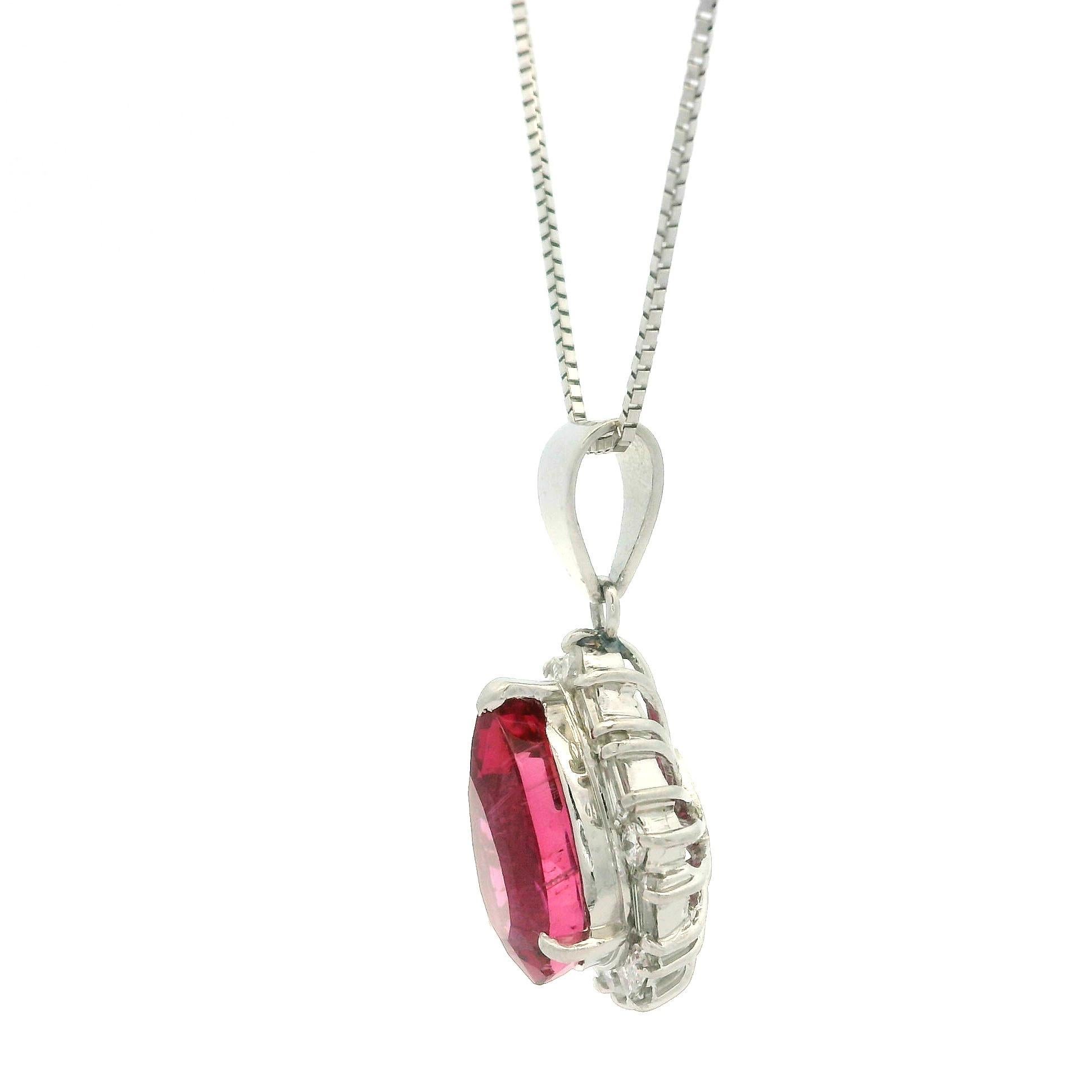 Vintage Platinum GIA 3.41ct Pear Rubellite Tourmaline & Diamond Pendant Necklace 4