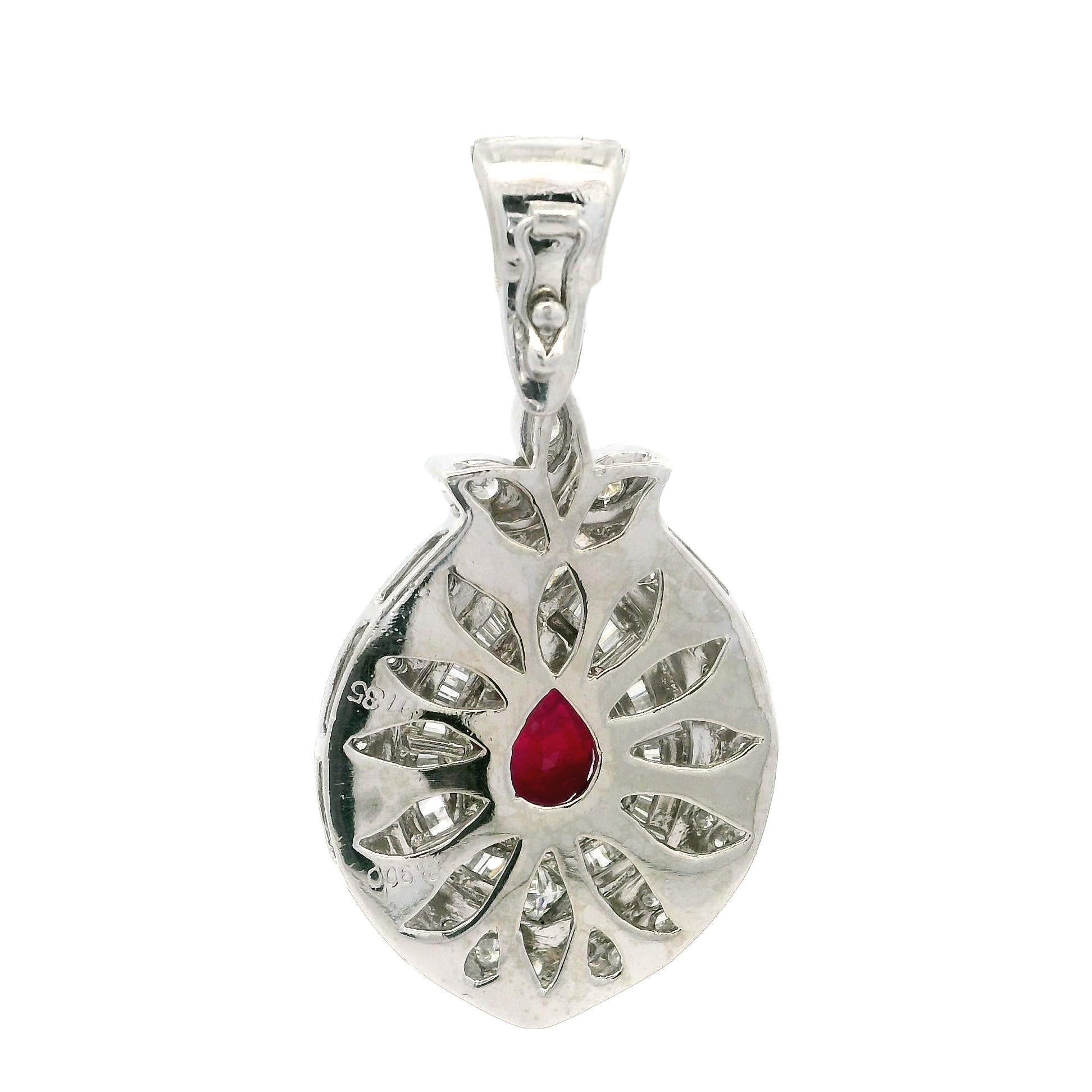 Women's Vintage Platinum GIA 3.76ctw Burma Ruby Diamond Large Teardrop Enhancer Pendant For Sale