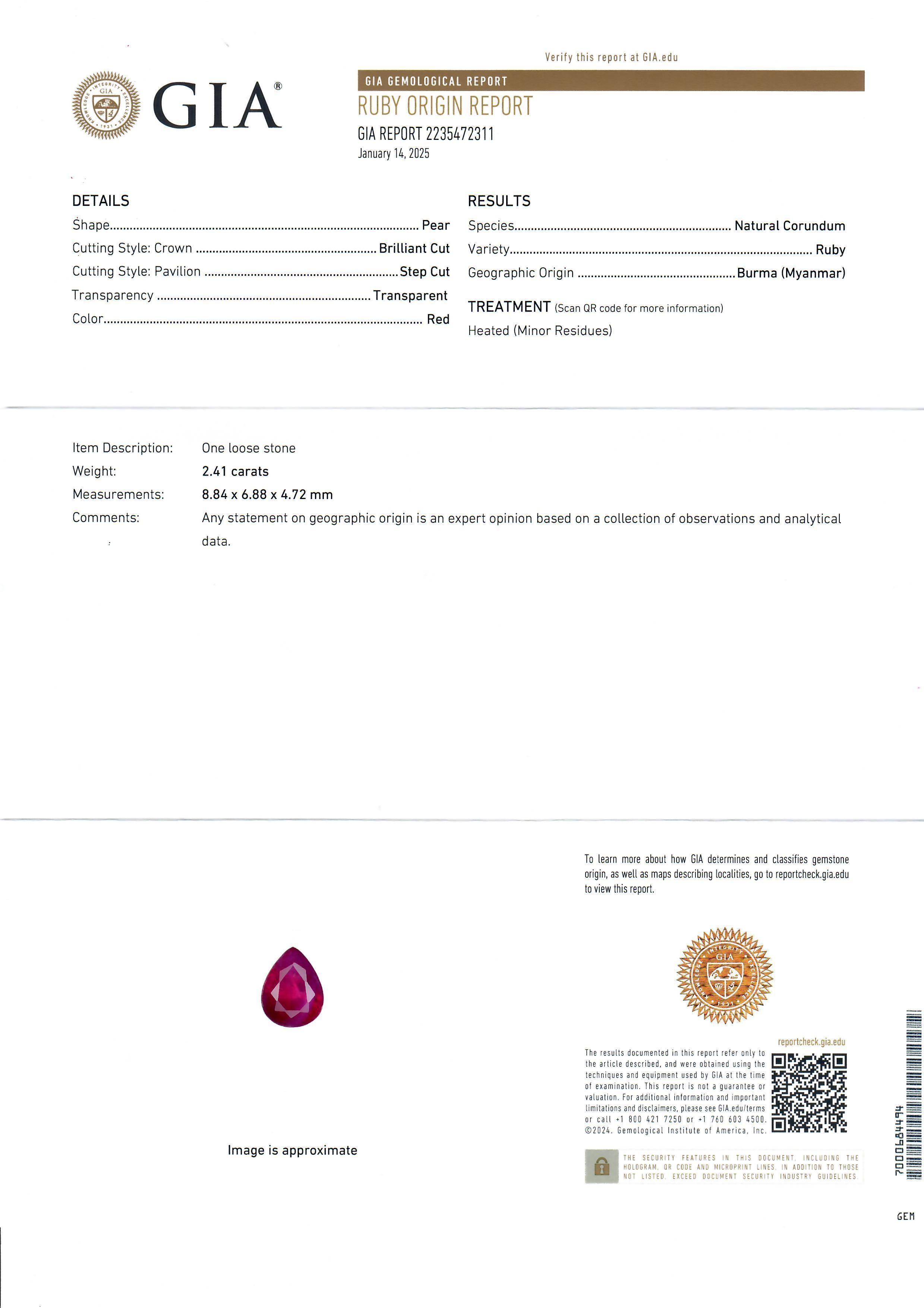 Vintage Platinum GIA 3.76ctw Burma Ruby Diamond Large Teardrop Enhancer Pendant For Sale 1