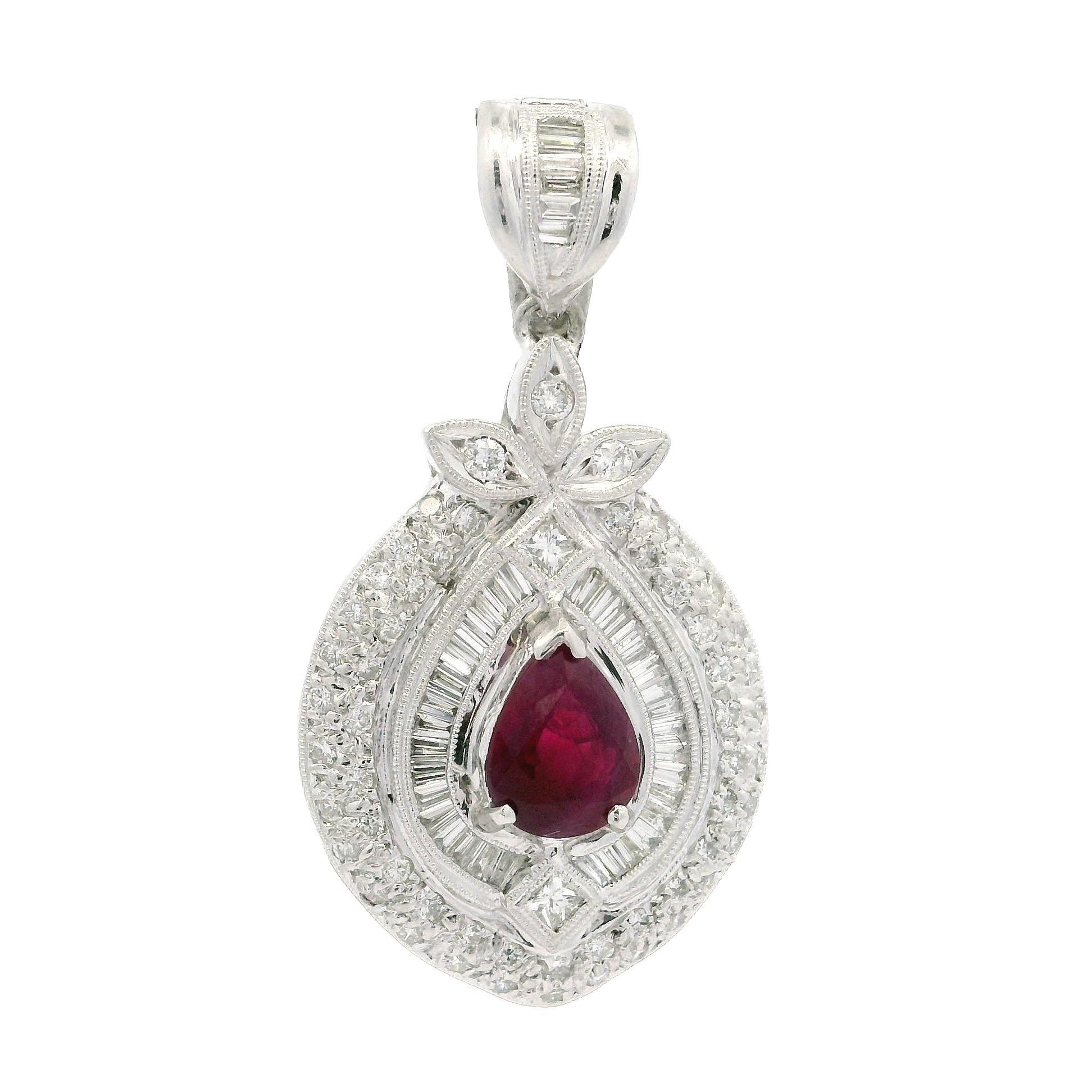 Vintage Platinum GIA 3.76ctw Burma Ruby Diamond Large Teardrop Enhancer Pendant For Sale 2