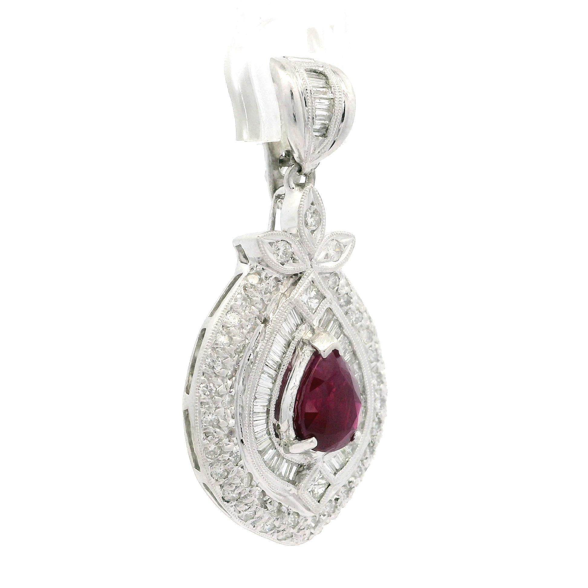 Vintage Platinum GIA 3.76ctw Burma Ruby Diamond Large Teardrop Enhancer Pendant For Sale 3