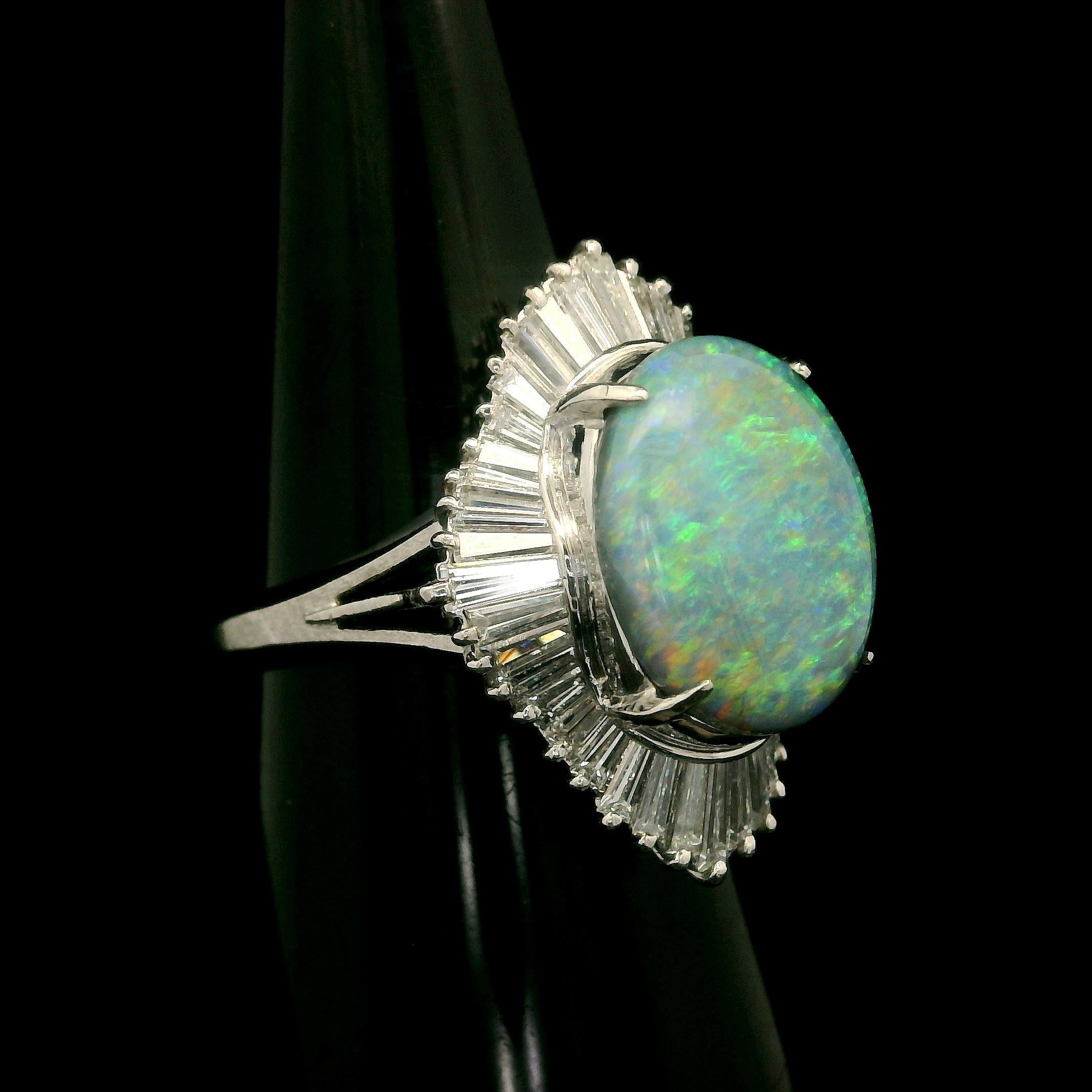 Vintage Platinum GIA 3.83ctw Super Fiery Gray Opal w/ Diamond Ballerina Ring For Sale 5