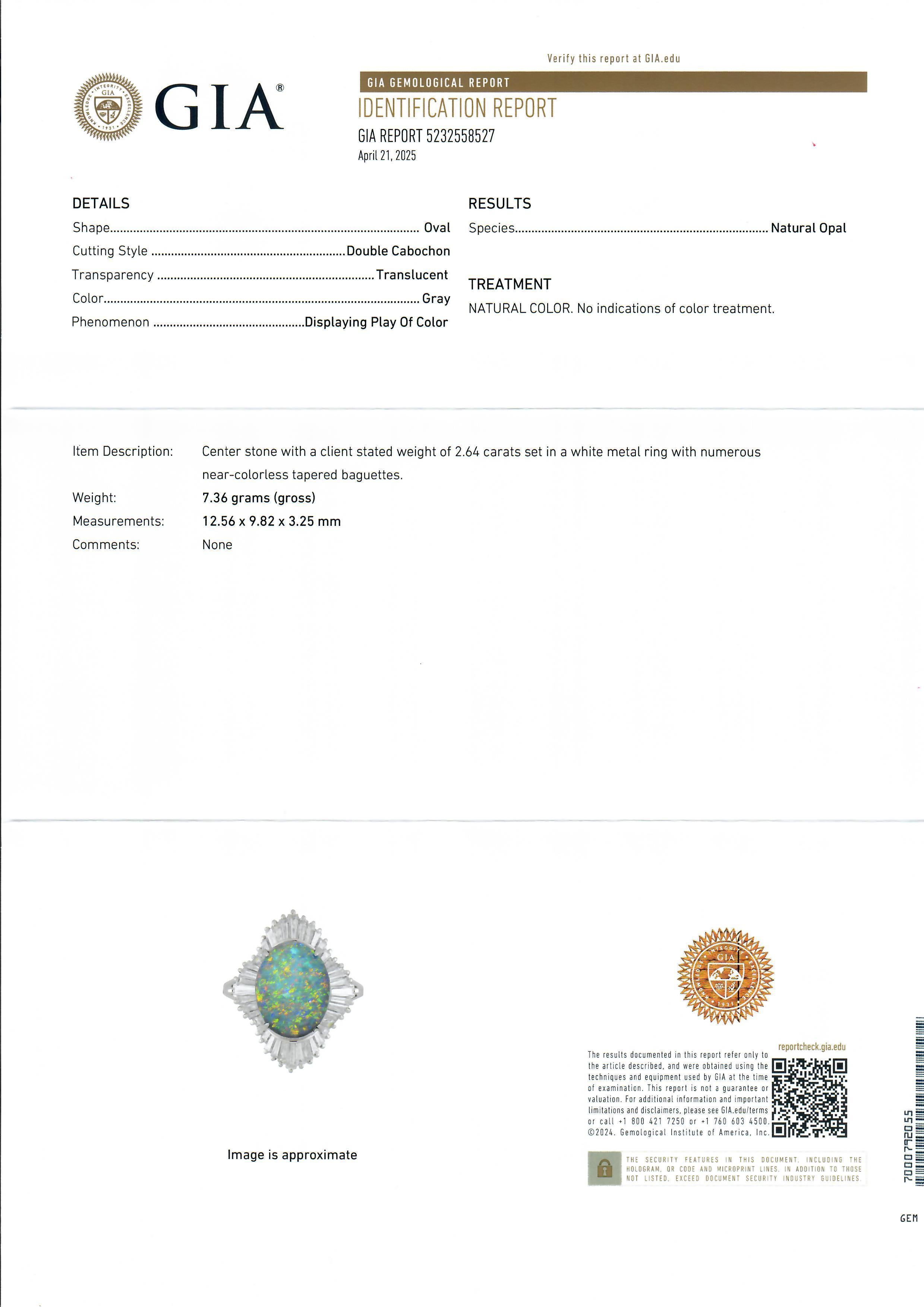 Vintage Platinum GIA 3.83ctw Super Fiery Gray Opal w/ Diamond Ballerina Ring For Sale 6