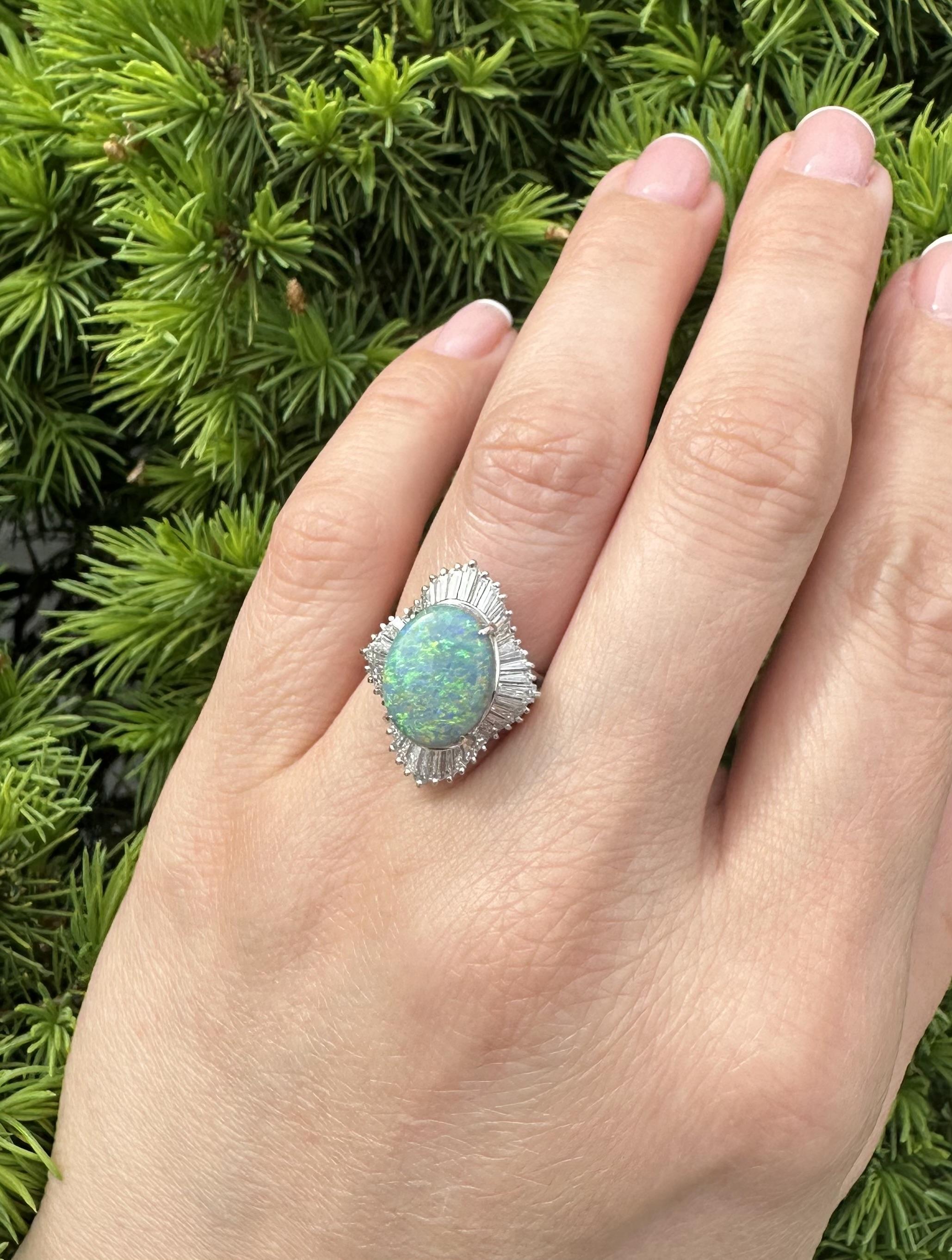Vintage Platinum GIA 3.83ctw Super Fiery Gray Opal w/ Diamond Ballerina Ring For Sale 7