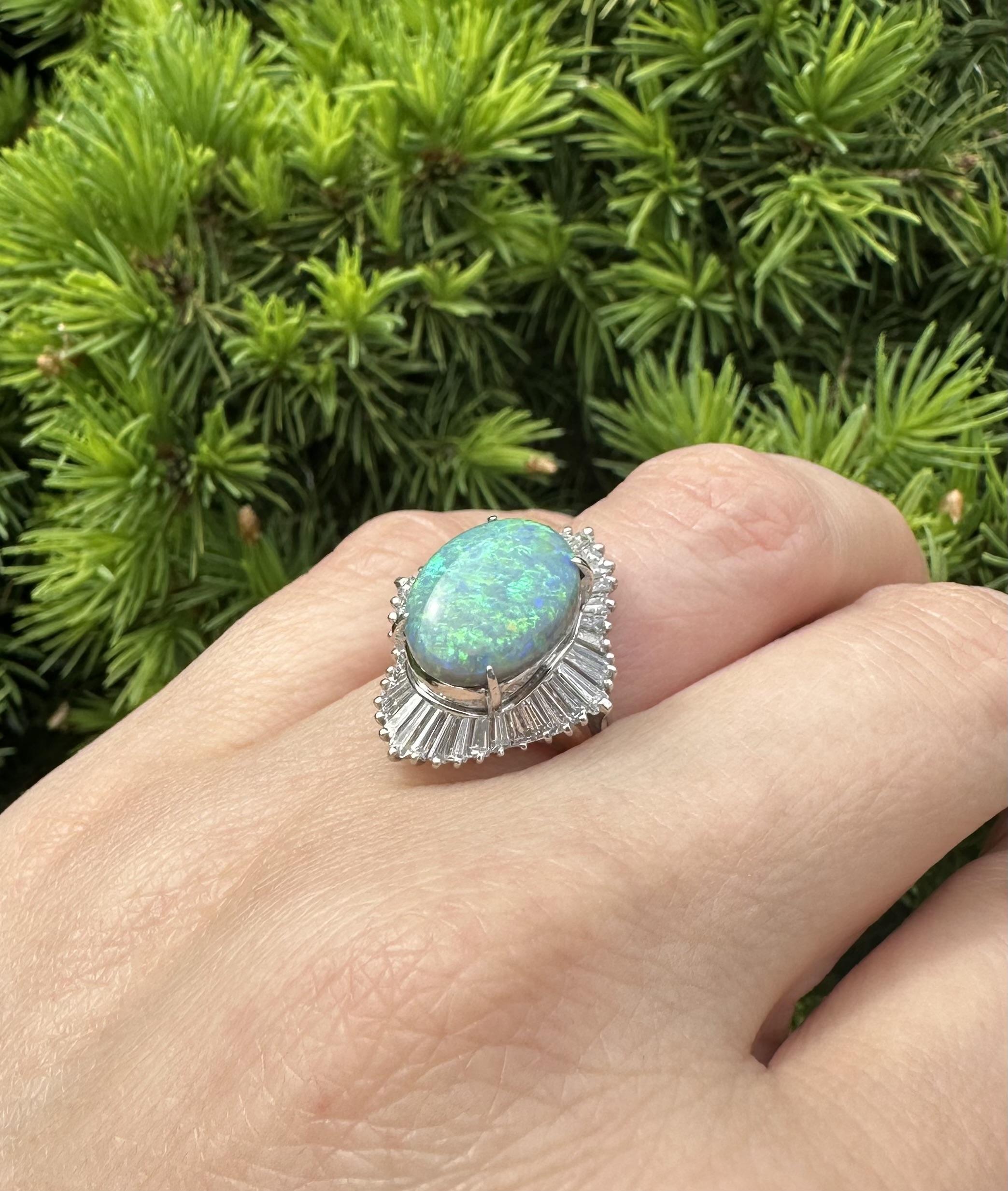 Vintage Platinum GIA 3.83ctw Super Fiery Gray Opal w/ Diamond Ballerina Ring For Sale 8