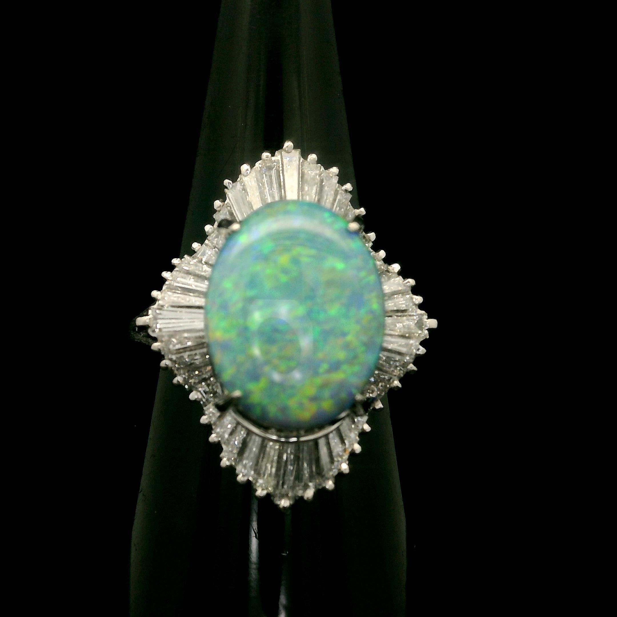 Vintage Platinum GIA 3.83ctw Super Fiery Gray Opal w/ Diamond Ballerina Ring For Sale 10