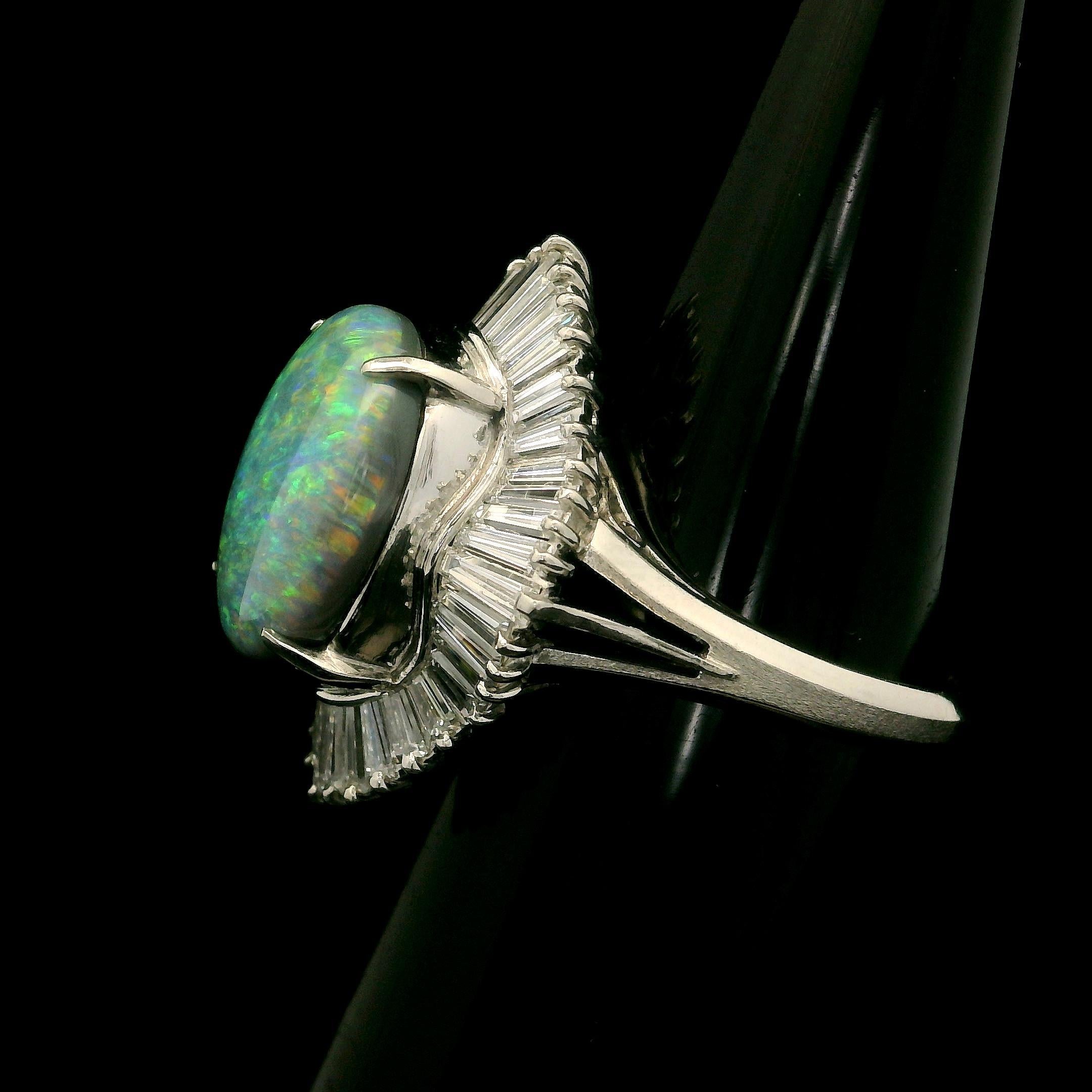 Cabochon Vintage Platinum GIA 3.83ctw Super Fiery Gray Opal w/ Diamond Ballerina Ring For Sale
