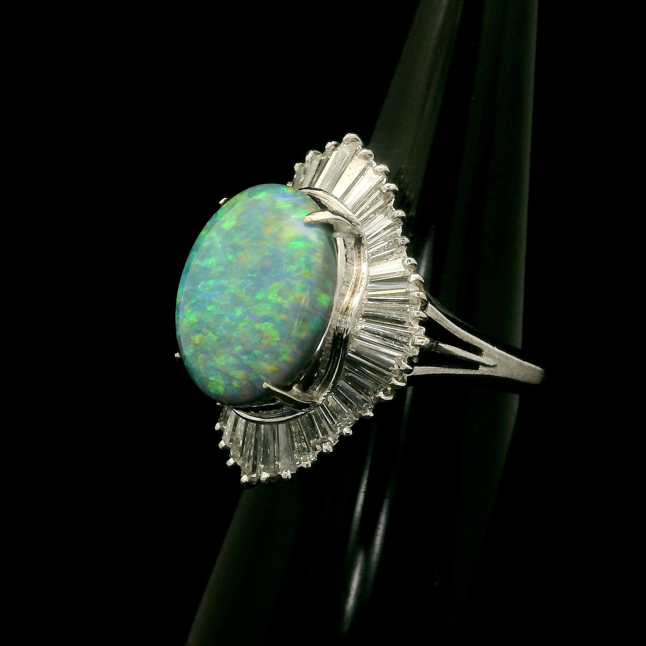 Vintage Platinum GIA 3.83ctw Super Fiery Gray Opal w/ Diamond Ballerina Ring In Excellent Condition For Sale In Montclair, NJ