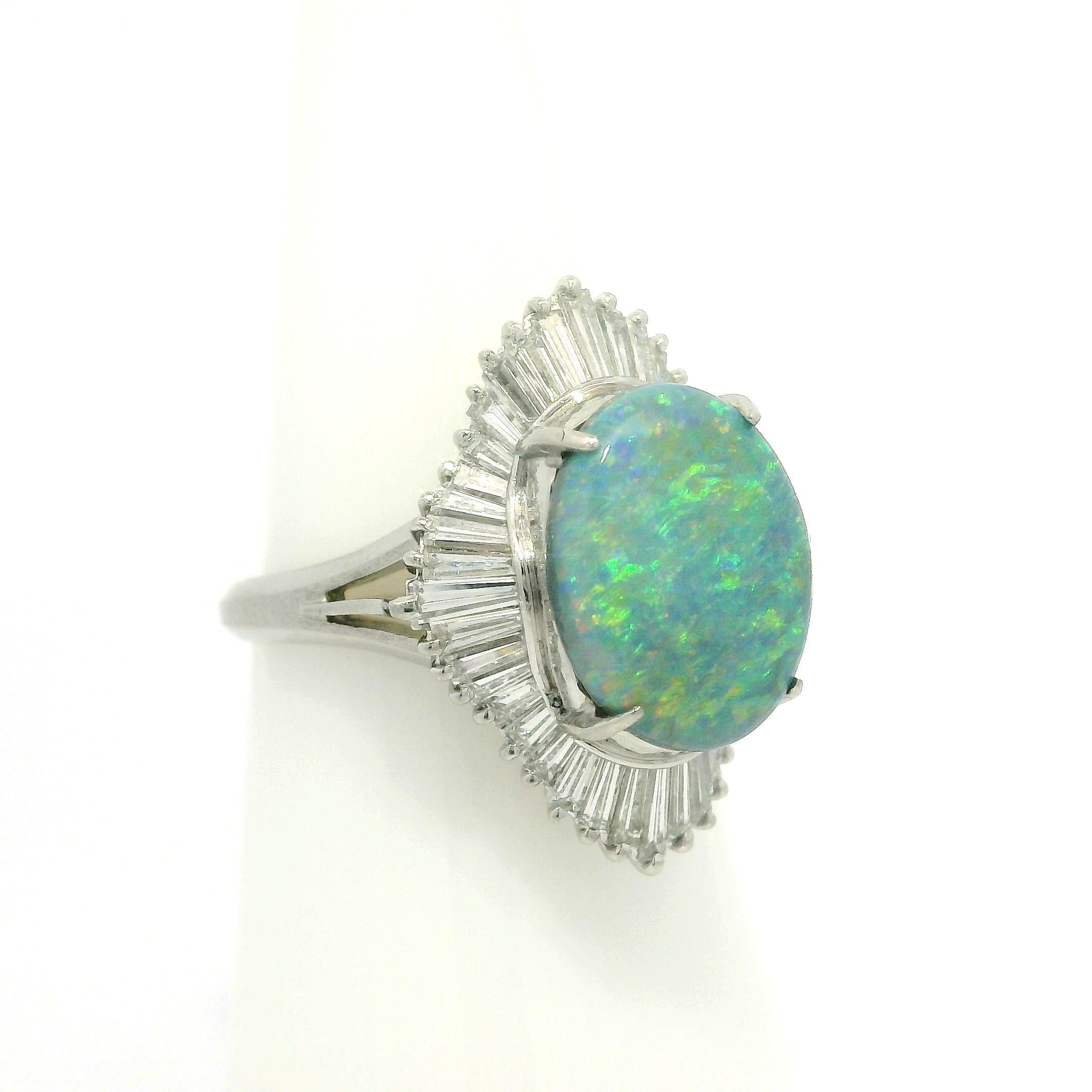Women's Vintage Platinum GIA 3.83ctw Super Fiery Gray Opal w/ Diamond Ballerina Ring For Sale