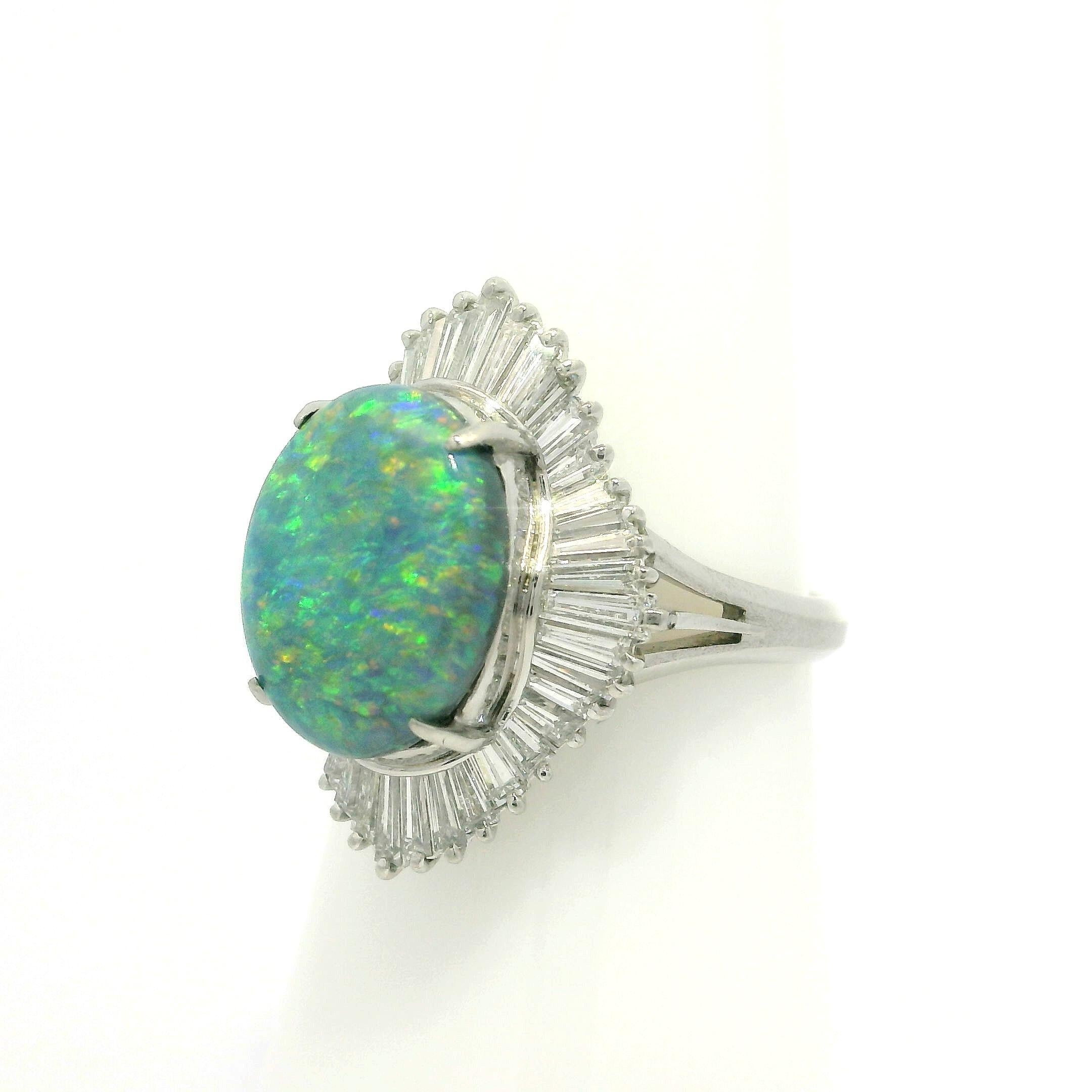 Vintage Platinum GIA 3.83ctw Super Fiery Gray Opal w/ Diamond Ballerina Ring For Sale 1