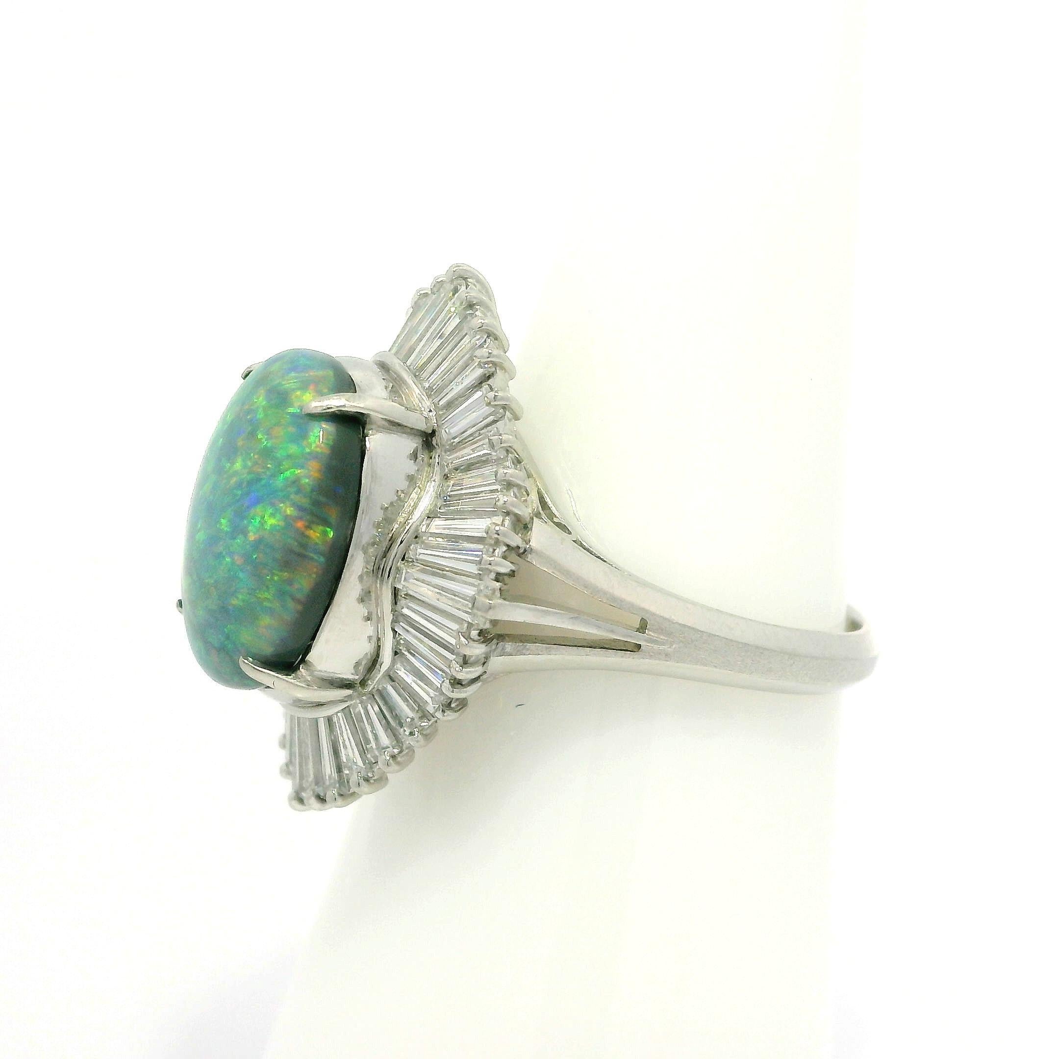 Vintage Platinum GIA 3.83ctw Super Fiery Gray Opal w/ Diamond Ballerina Ring For Sale 2